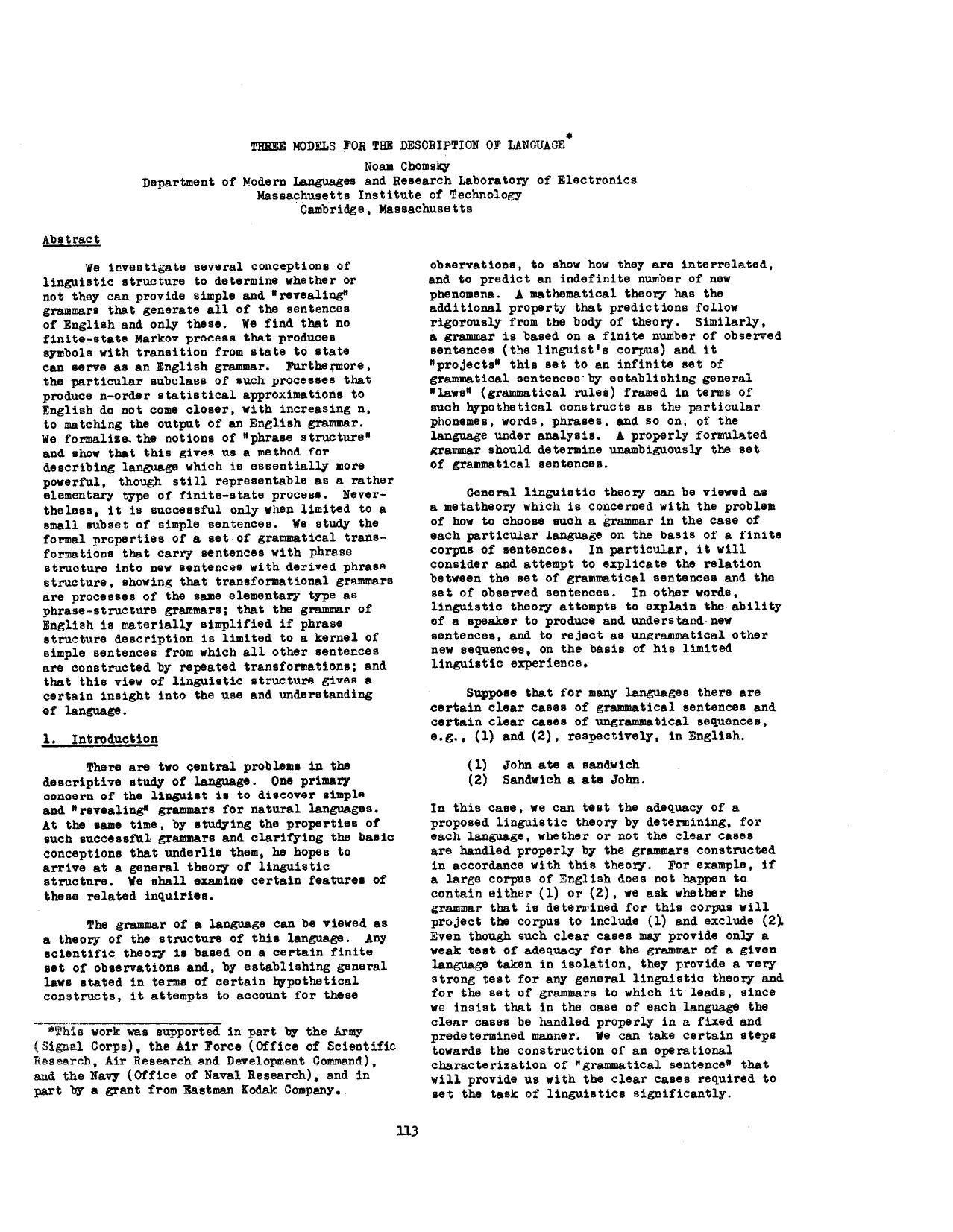Three Models for the Description of Language by Noam Chomsky