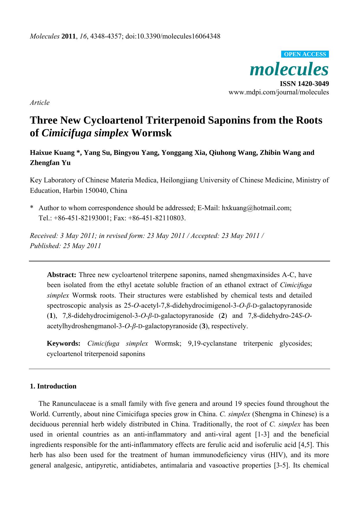 Three New Cycloartenol Triterpenoid Saponins from the Roots of Cimicifuga simplex Wormsk by Haixue Kuang & Yang Su & Bingyou Yang & Yonggang Xia & Qiuhong Wang & Zhibin Wang & Zhengfan Yu
