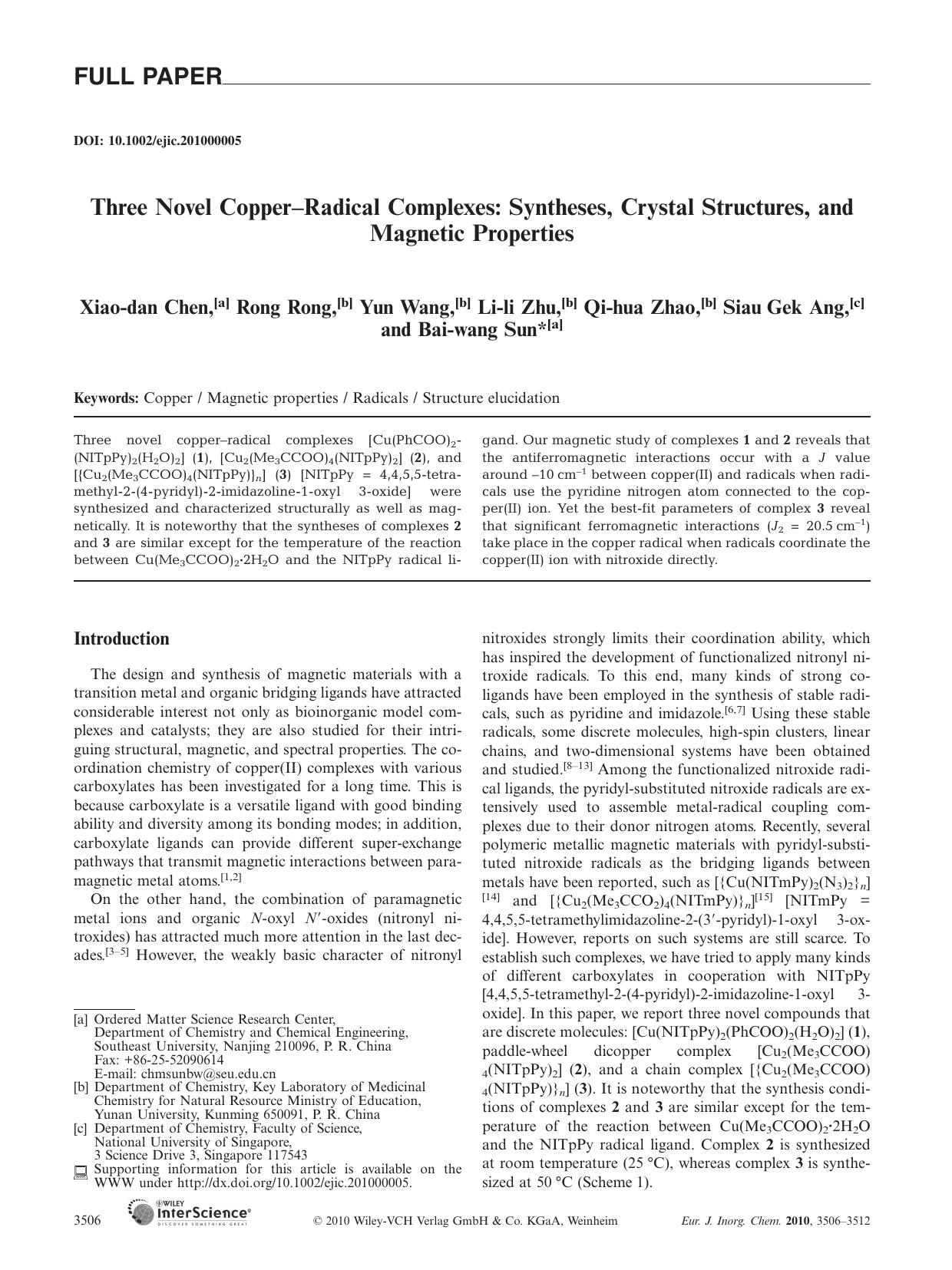 Three Novel CopperRadical Complexes: Syntheses, Crystal Structures, and Magnetic Properties by Unknown