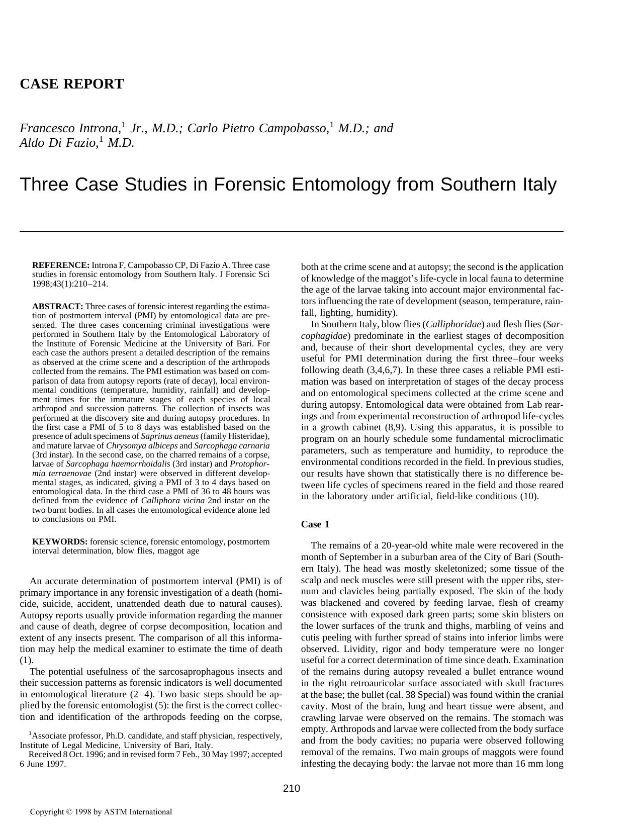 Three case studies in forensic entomology from Southern Italy by Introna F Campobasso CP Di Fazio A