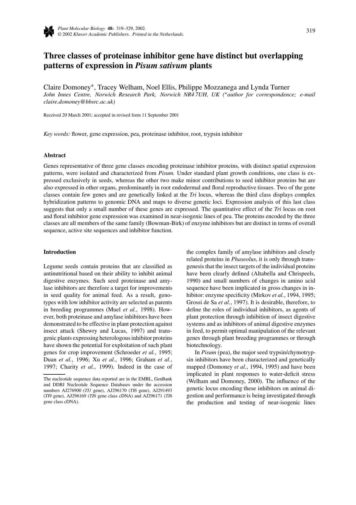 Three classes of proteinase inhibitor gene have distinct but overlapping patterns of expression in Pisum sativum plants by Unknown