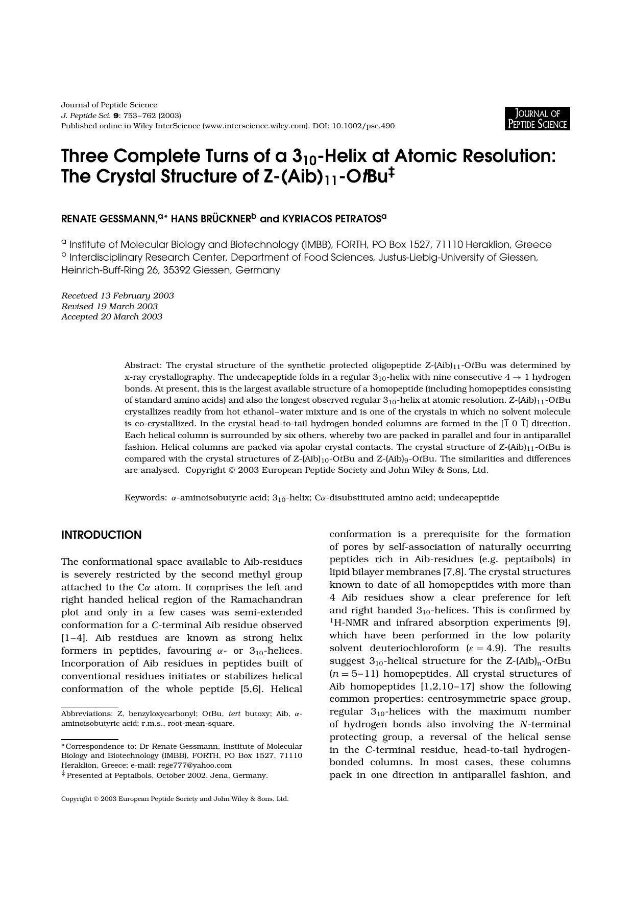 Three complete turns of a 310-helix at atomic resolution: the crystal structure of Z-(Aib)11-OtBu by Unknown