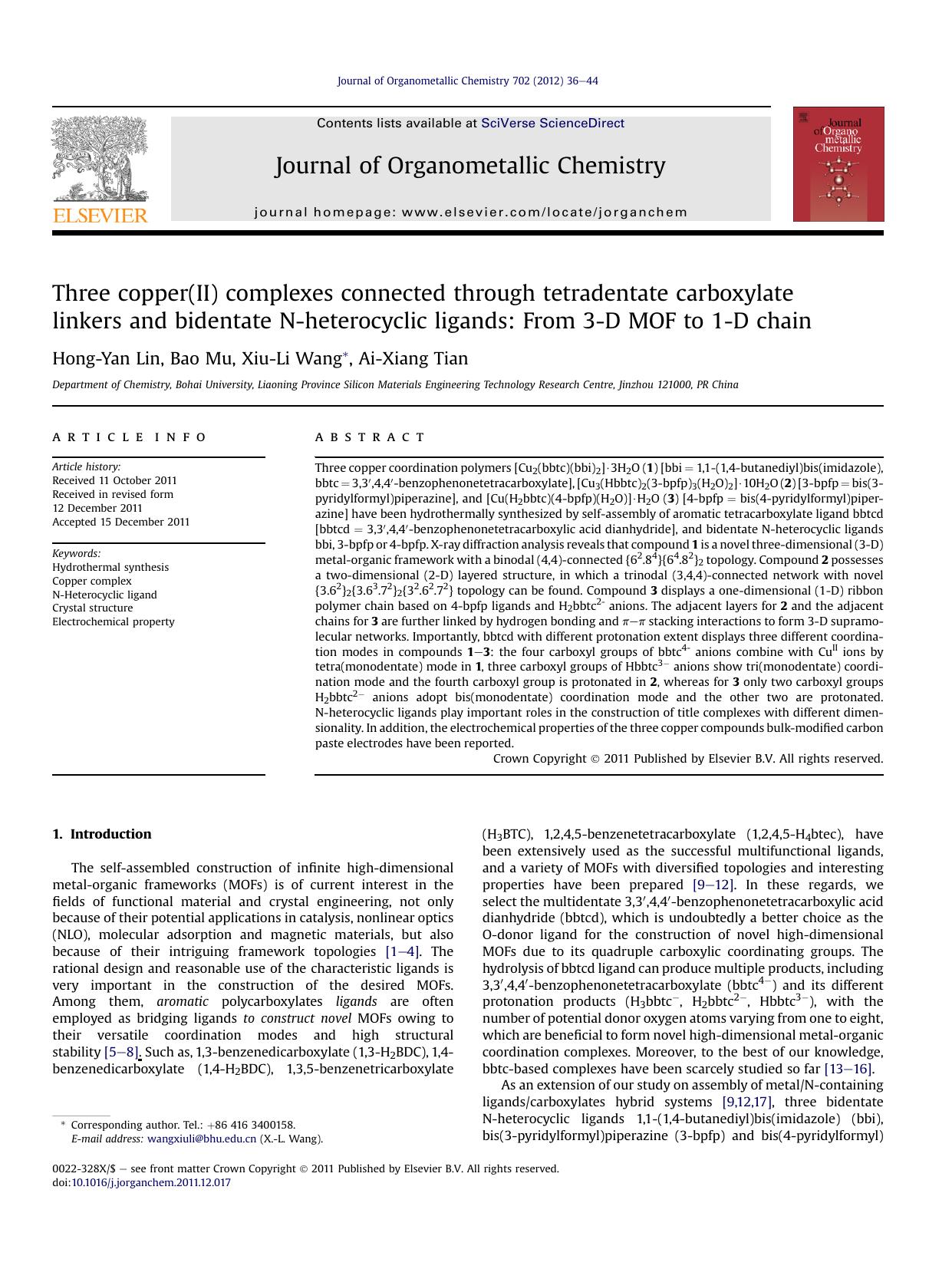 Three copper(II) complexes connected through tetradentate carboxylate linkers and bidentate N-heterocyclic ligands: From 3-D MOF to 1-D chain by Hong-Yan Lin & Bao Mu & Xiu-Li Wang & Ai-Xiang Tian