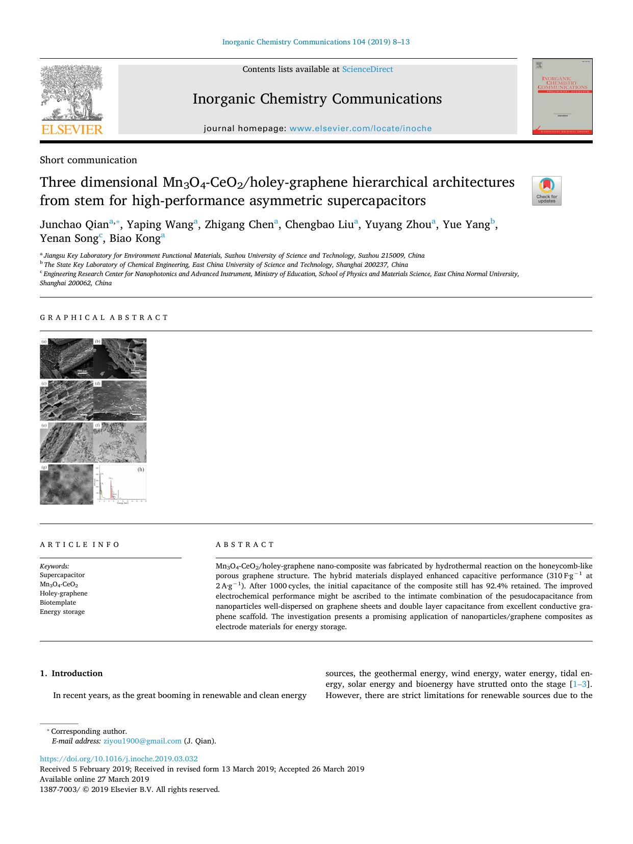 Three dimensional Mn3O4-CeO2holey-graphene hierarchical architectures from stem for high-performance asymmetric supercapacitors by unknow