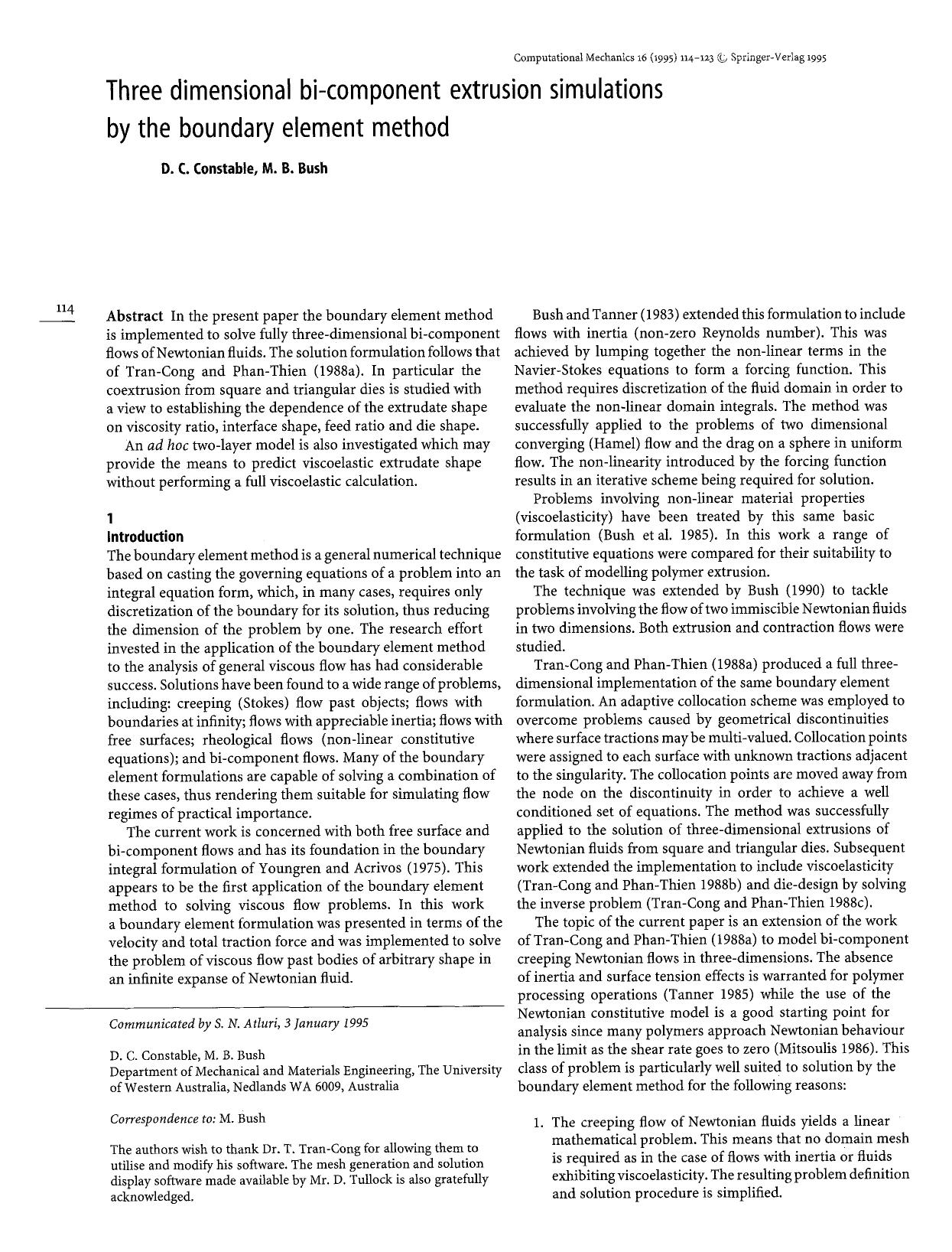 Three dimensional bi-component extrusion simulations by the boundary element method by Unknown