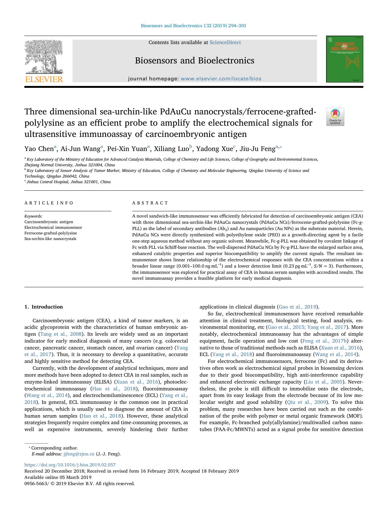 Three dimensional sea-urchin-like PdAuCu nanocrystalsferrocene-grafted-polylysine as an efficient probe to amplify the electrochemical signals for ultrasensitive immunoassay of car by Yao Chen & Ai-Jun Wang & Pei-Xin Yuan & Xiliang Luo & Yadong Xue & Jiu-Ju Feng