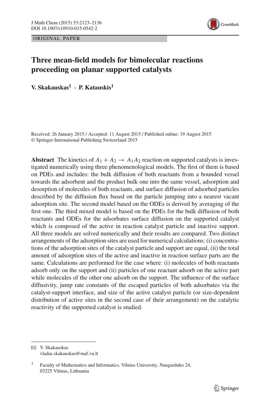 Three mean-field models for bimolecular reactions proceeding on planar supported catalysts by V. Skakauskas & P. Katauskis