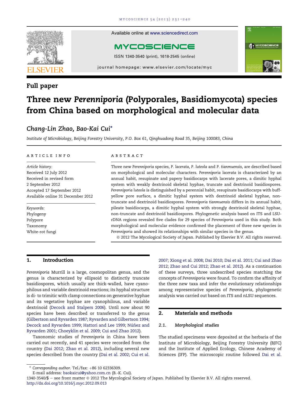 Three new Perenniporia (Polyporales, Basidiomycota) species from China based on morphological and molecular data by Chang-Lin Zhao & Bao-Kai Cui