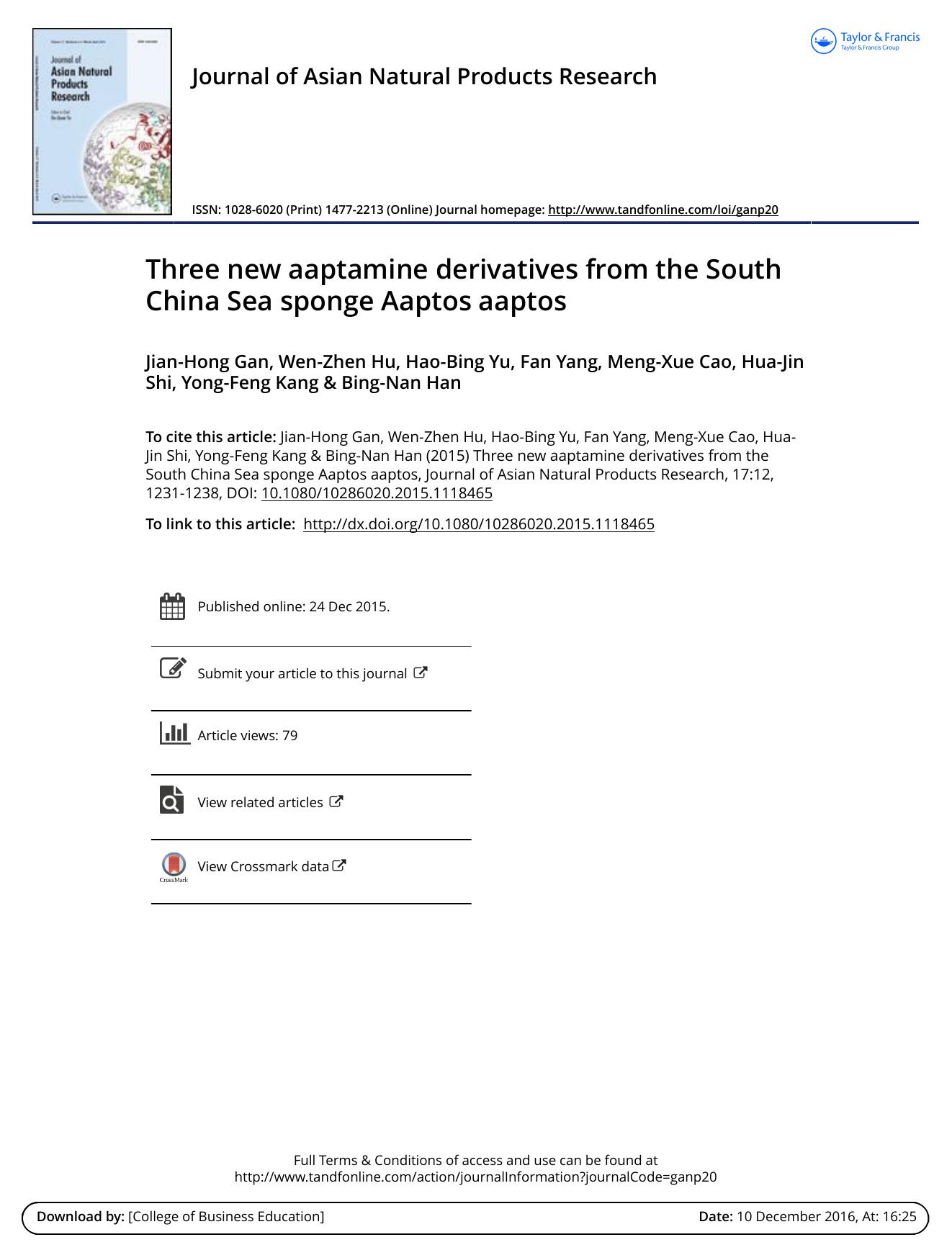 Three new aaptamine derivatives from the South China Sea sponge Aaptos aaptos by unknow