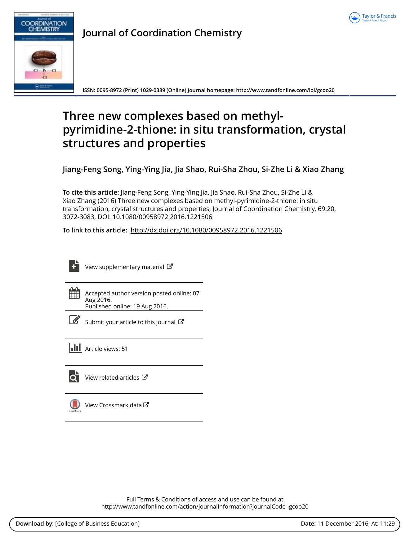 Three new complexes based on methyl-pyrimidine-2-thione: in situ transformation, crystal structures and properties by Jiang-Feng Song & Ying-Ying Jia & Jia Shao & Rui-Sha Zhou & Si-Zhe Li & Xiao Zhang