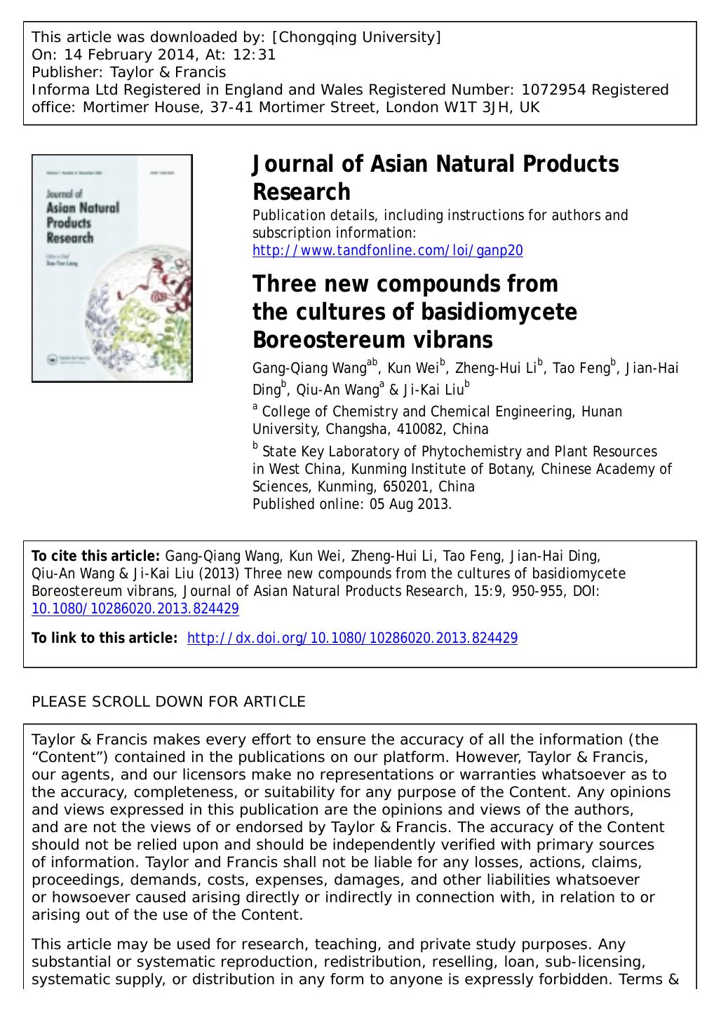 Three new compounds from the cultures of basidiomycete Boreostereum vibrans by Gang-Qiang Wang & Kun Wei & Zheng-Hui Li & Tao Feng & Jian-Hai Ding & Qiu-An Wang & Ji-Kai Liu