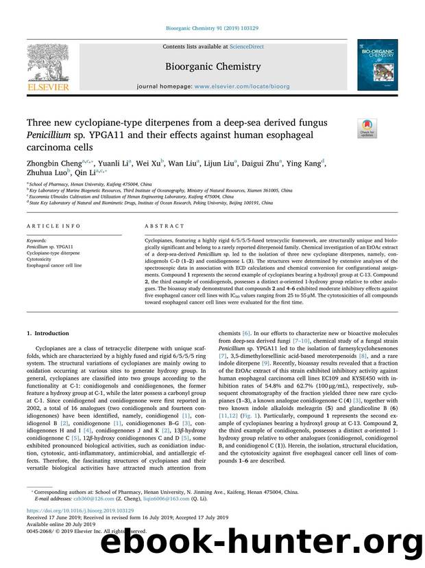 Three new cyclopiane-type diterpenes from a deep-sea derived fungus Penicillium sp. YPGA11 and their effects against human esophageal carcinoma cells by Zhongbin Cheng