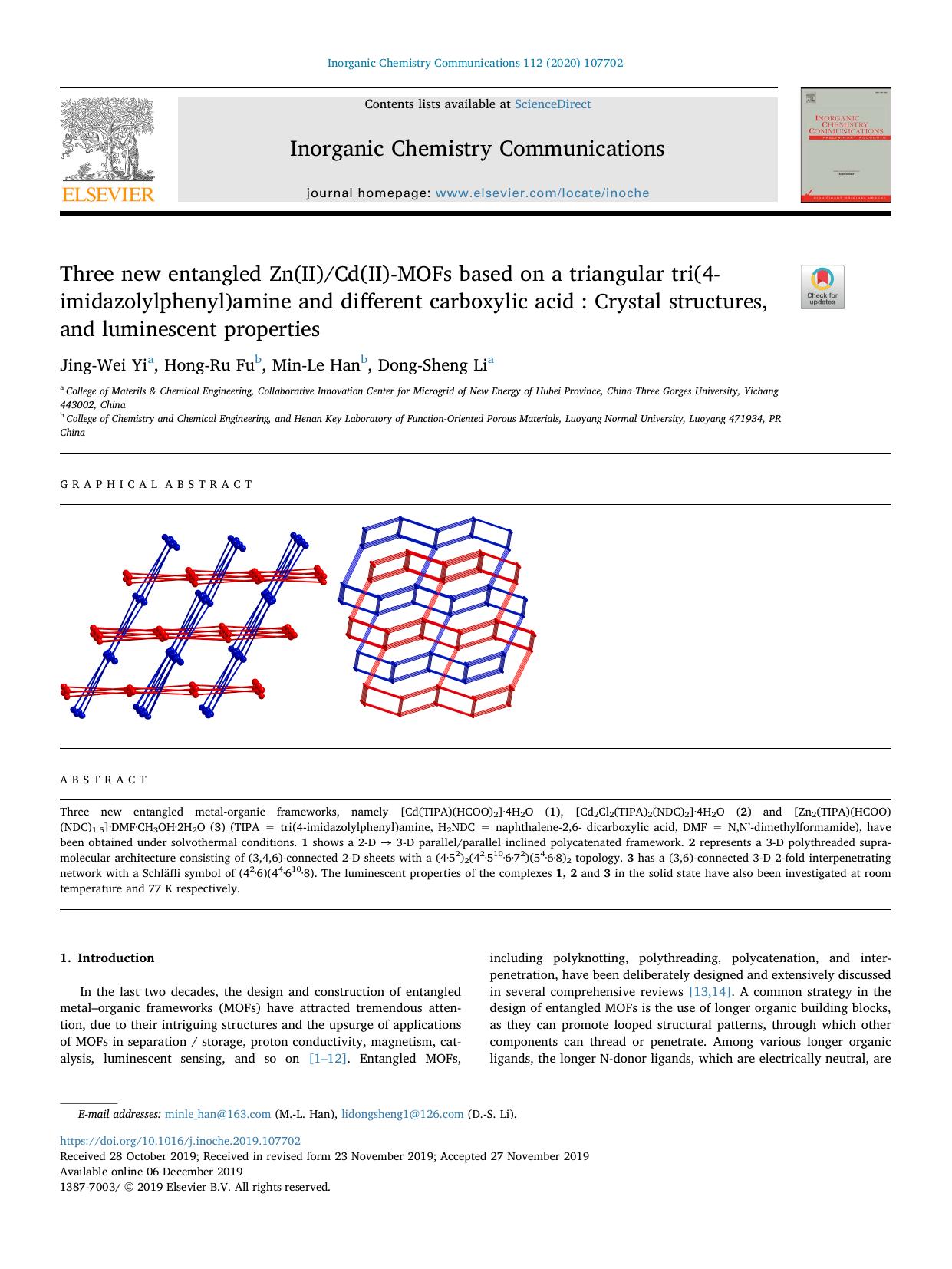 Three new entangled Zn(II)Cd(II)-MOFs based on a triangular tri(4- imidazolylphenyl)amine and different carboxylic acid _ Crystal structures, and luminescent properties by Jing-Wei Yi & Hong-Ru Fu & Min-Le Han & Dong-Sheng Li