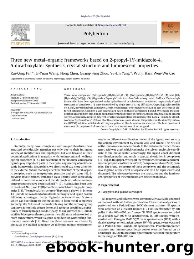 Three new metalÃ¢â¬âorganic frameworks based on 2-propyl-1H-imidazole-4,5-dicarboxylate: Synthesis, crystal structure and luminescent properties by Rui-Qing Fan & Li-Yuan Wang & Hong Chen & Guang-Peng Zhou & Yu-Lin Yang & Wuliji Hasi & Wen-Wu Cao