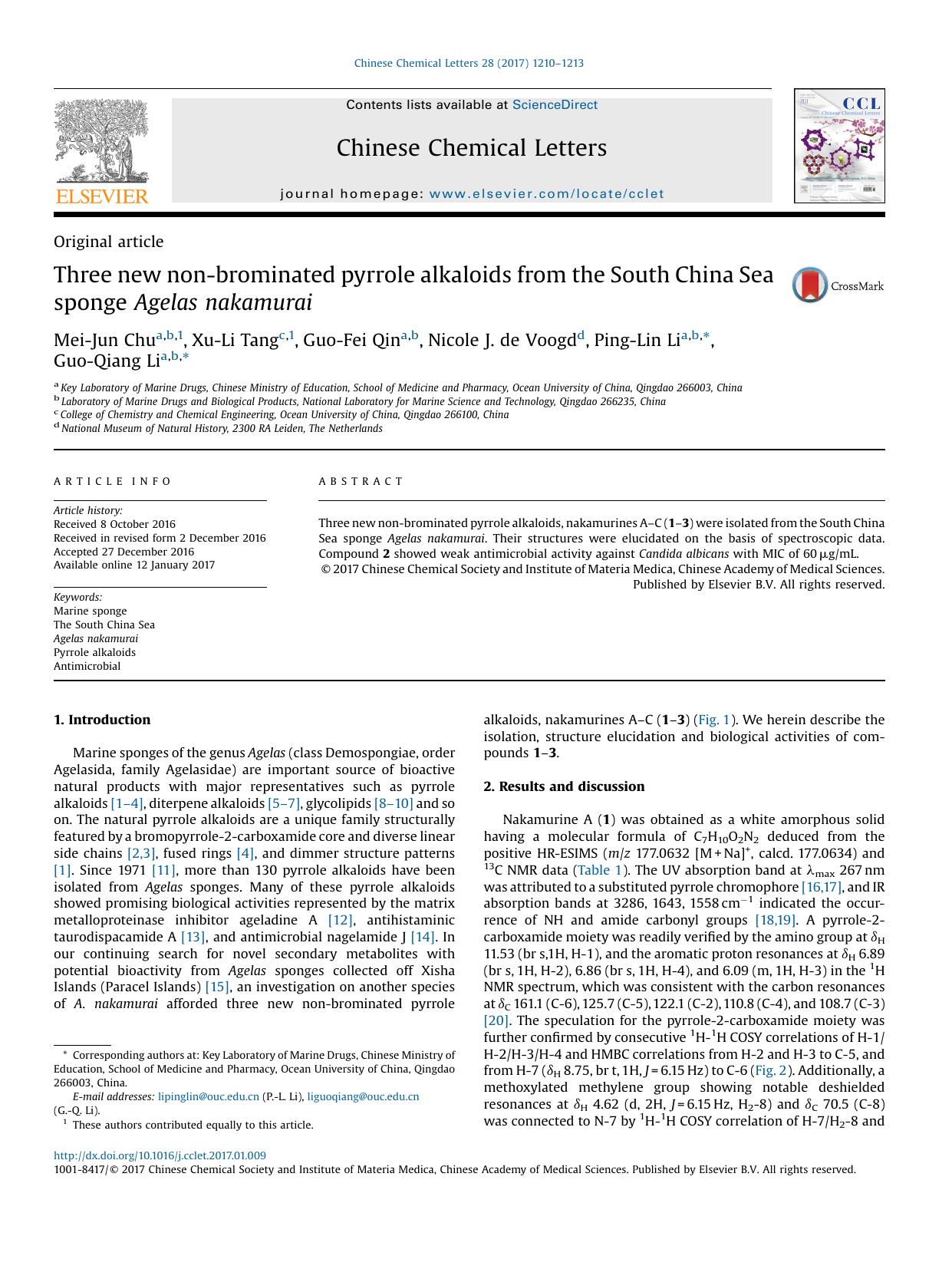 Three new non-brominated pyrrole alkaloids from the South China Sea sponge Agelas nakamurai by Mei-Jun Chu & Xu-Li Tang & Guo-Fei Qin & Nicole J. de Voogd & Ping-Lin Li & Guo-Qiang Li