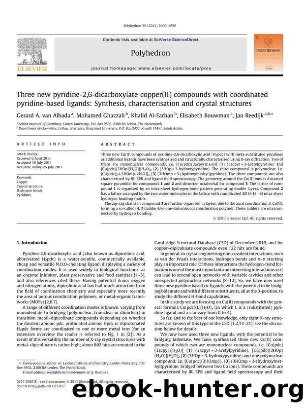 Three new pyridine-2,6-dicarboxylate copper(II) compounds with coordinated pyridine-based ligands: Synthesis, characterisation and crystal structures by Gerard A. van Albada & Mohamed Ghazzali & Khalid Al-Farhan & Elisabeth Bouwman & Jan Reedijk