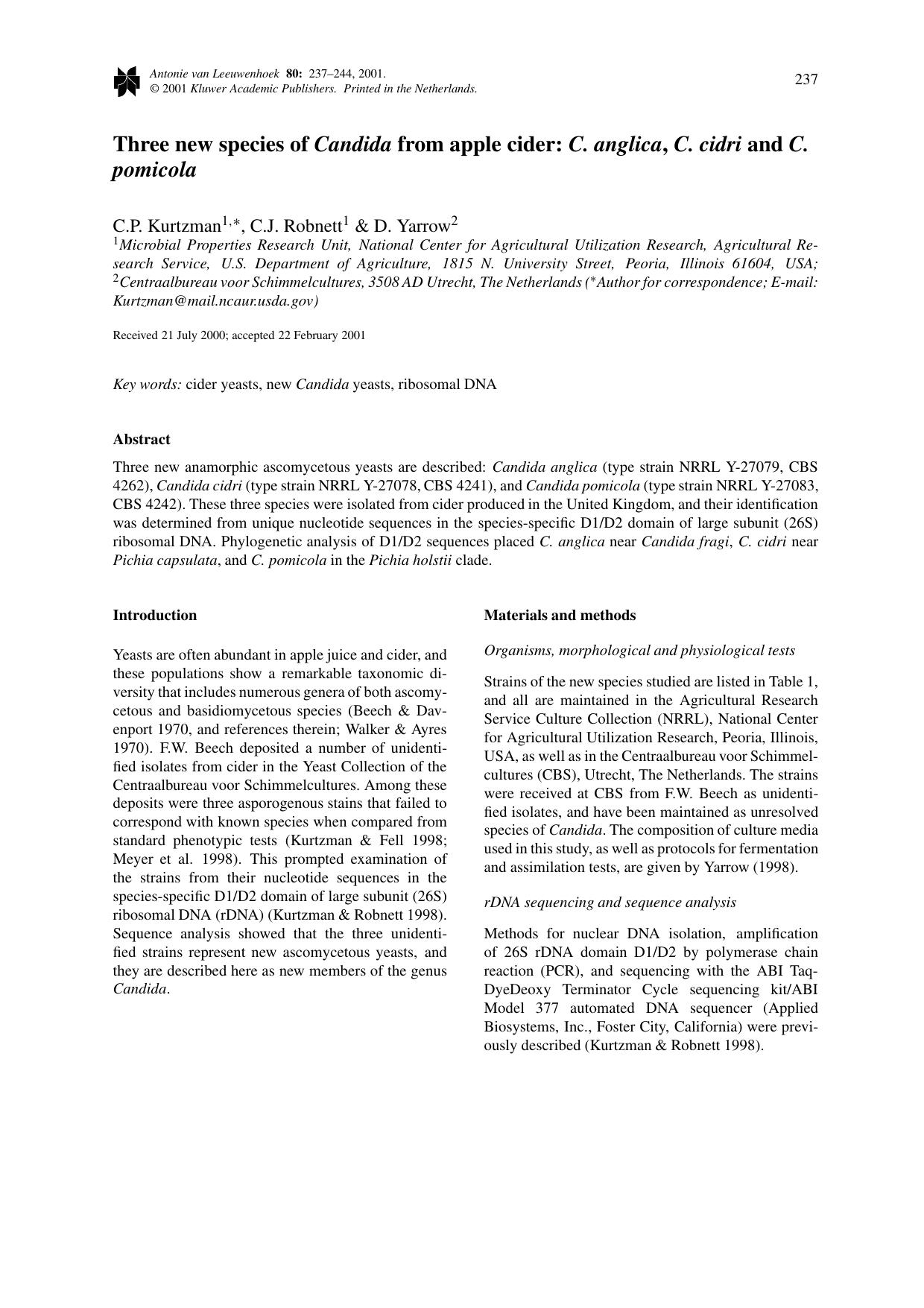 Three new species of Candida from apple cider: C. anglica, C. cidri and C. pomicola by Unknown