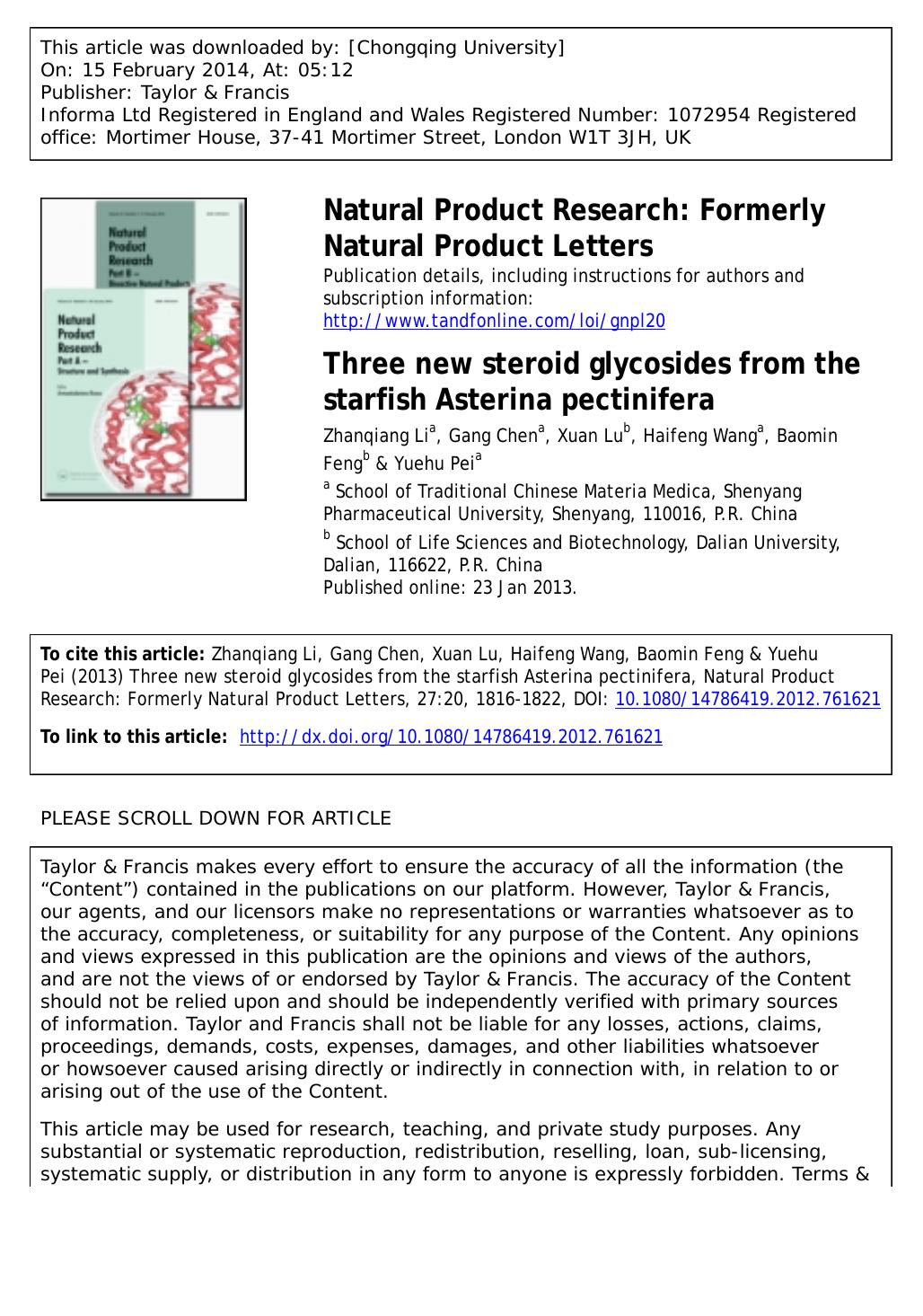 Three new steroid glycosides from the starfish Asterina pectinifera by Zhanqiang Li & Gang Chen & Xuan Lu & Haifeng Wang & Baomin Feng & Yuehu Pei