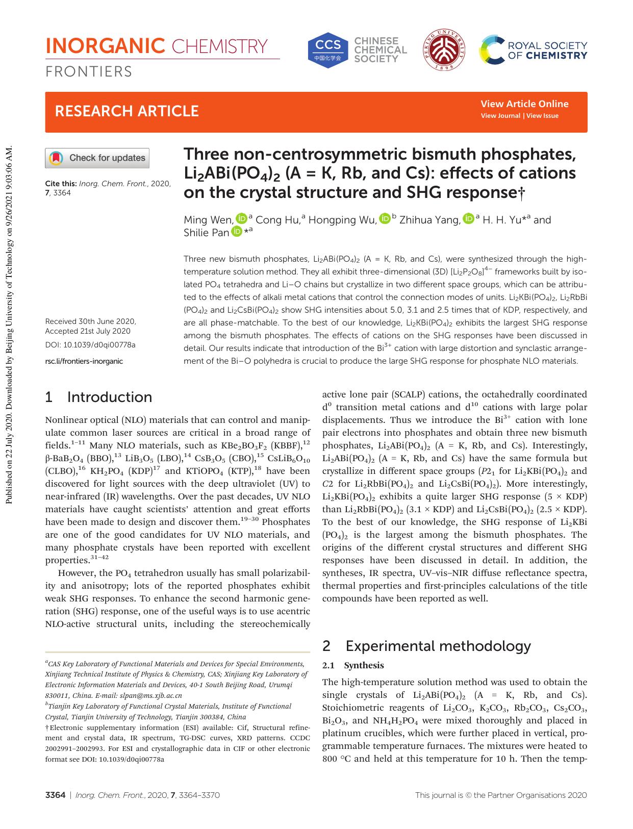 Three non-centrosymmetric bismuth phosphates, Li2ABi(PO4)2 (A = K, Rb, and Cs): effects of cations on the crystal structure and SHG response by Ming Wen Cong Hu Hongping Wu Zhihua Yang H. H. Yu Shilie Pan