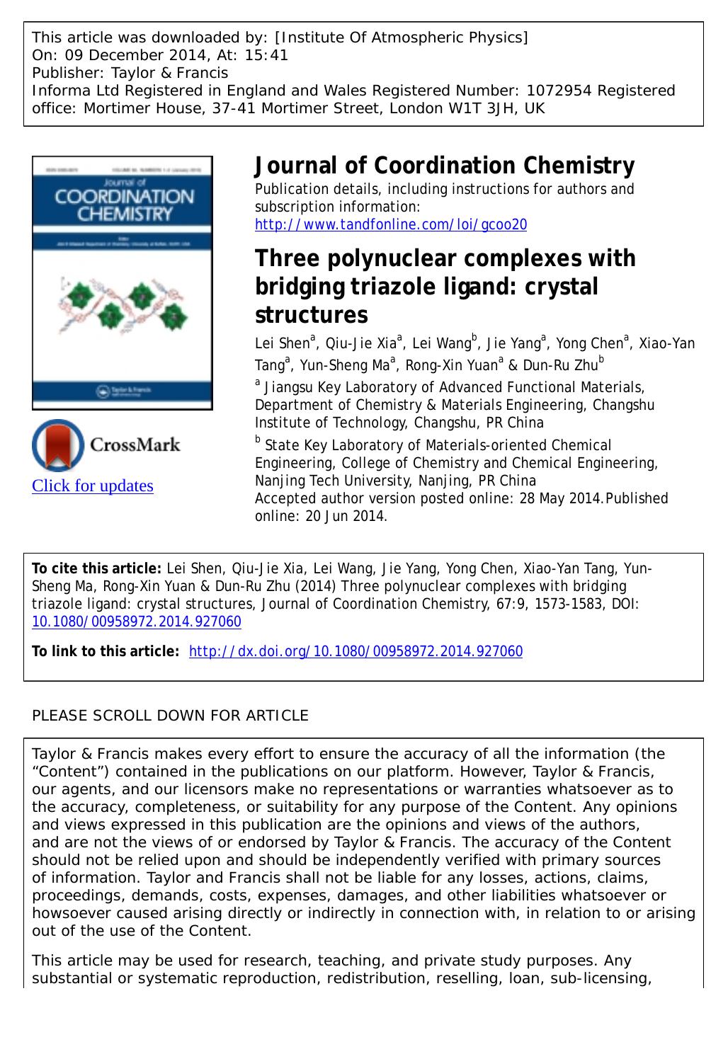 Three polynuclear complexes with bridging triazole ligand: crystal structures by Lei Shen