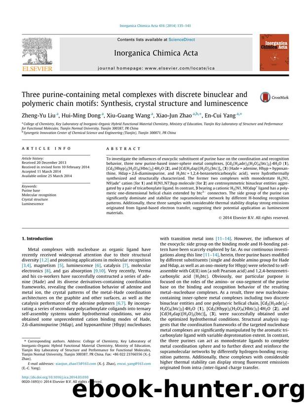 Three purine-containing metal complexes with discrete binuclear and polymeric chain motifs: Synthesis, crystal structure and luminescence by Zheng-Yu Liu & Hui-Ming Dong & Xiu-Guang Wang & Xiao-Jun Zhao & En-Cui Yang