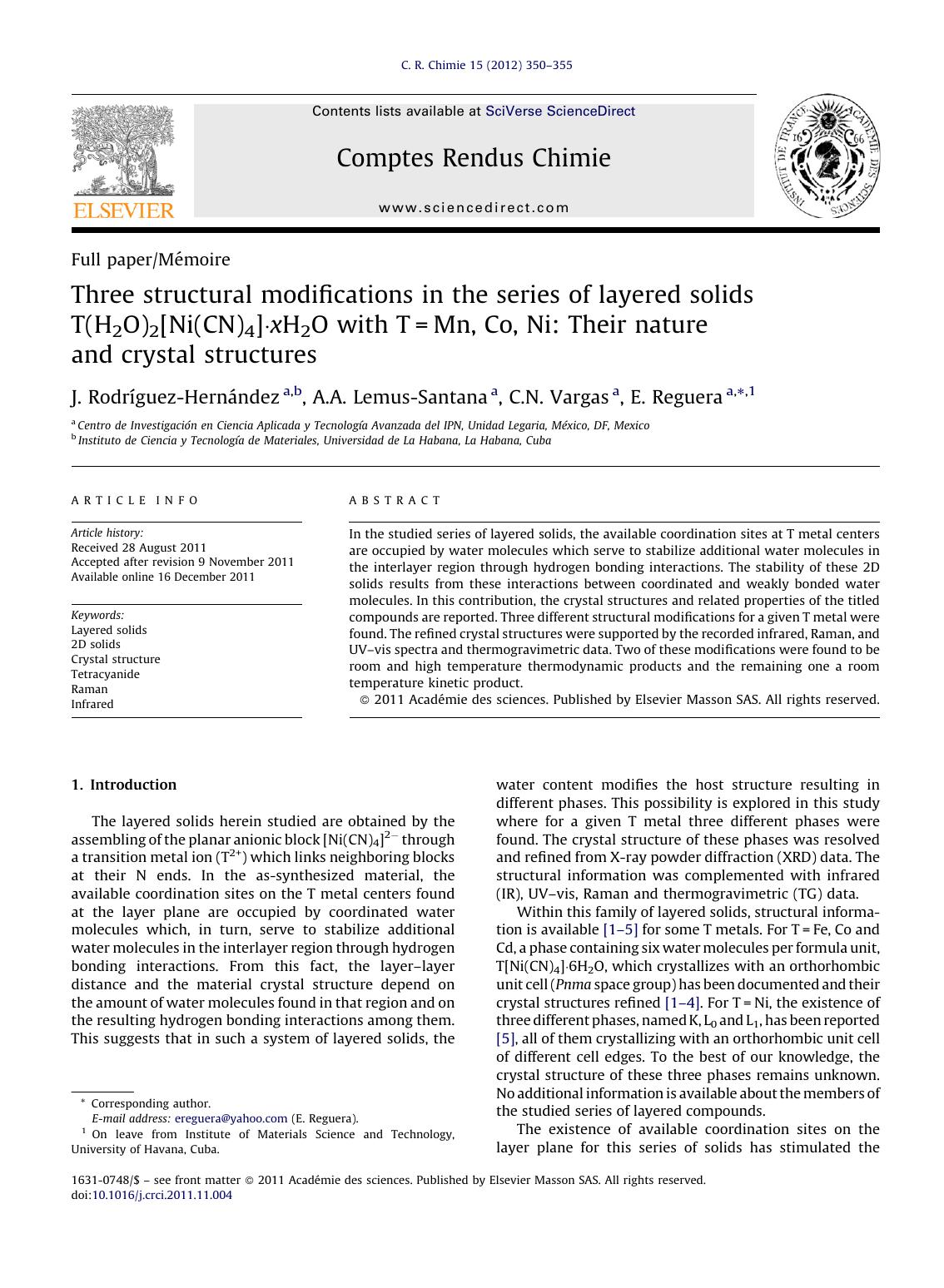 Three structural modifications in the series of layered solids T(H2O)2[Ni(CN)4]Â·xH2O with T=Mn, Co, Ni: Their nature and crystal structures by J. Rodríguez-Hernández