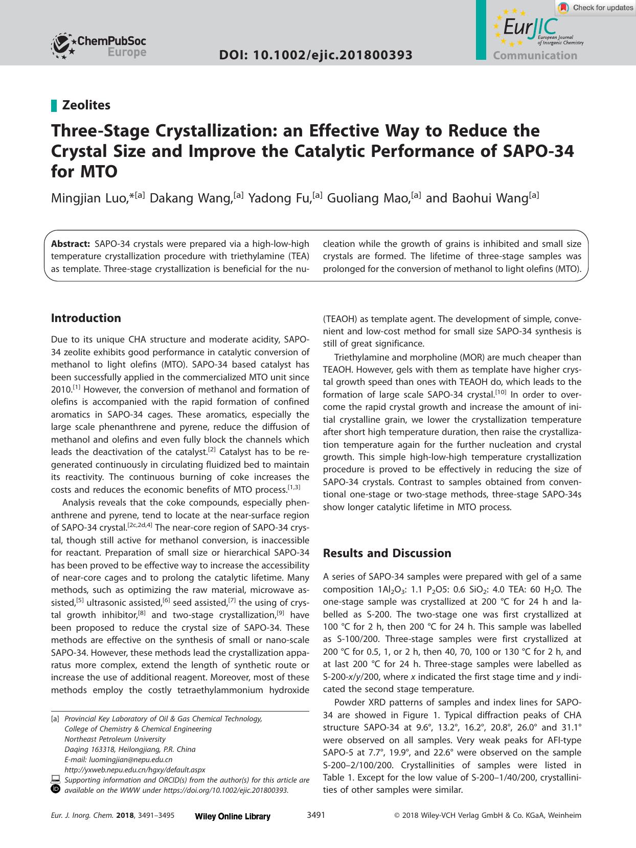 ThreeâStage Crystallization: an Effective Way to Reduce the Crystal Size and Improve the Catalytic Performance of SAPOâ34 for MTO by Unknown
