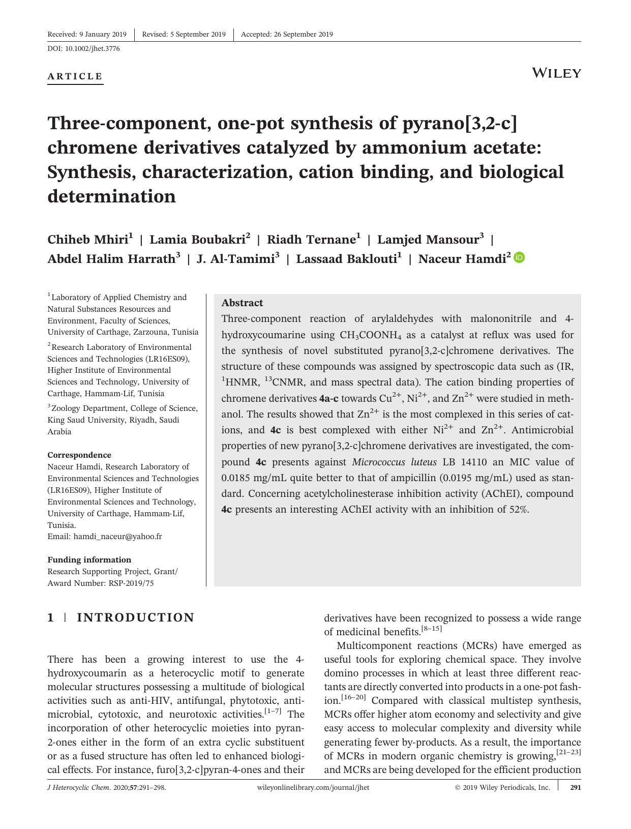 Threeâcomponent, oneâpot synthesis of pyrano[3,2âc]chromene derivatives catalyzed by ammonium acetate: Synthesis, characterization, cation binding, and biological determination by unknow