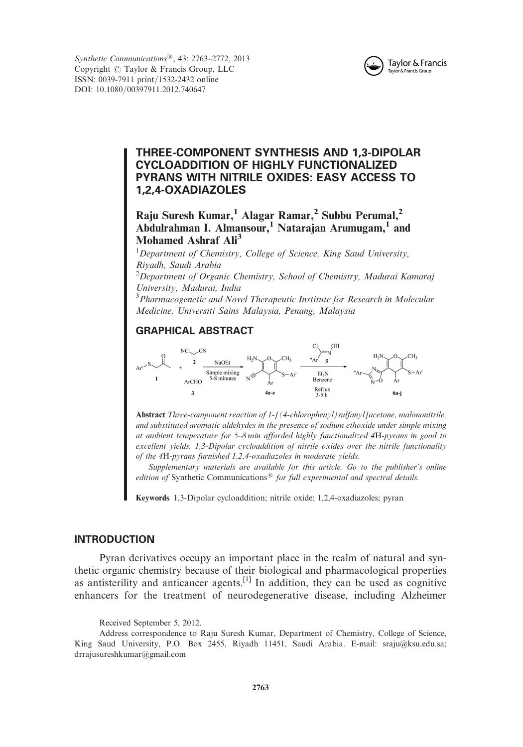 Three-Component Synthesis and 1,3-Dipolar Cycloaddition of Highly Functionalized Pyrans with Nitrile Oxides: Easy Access to 1,2,4-Oxadiazoles by unknow