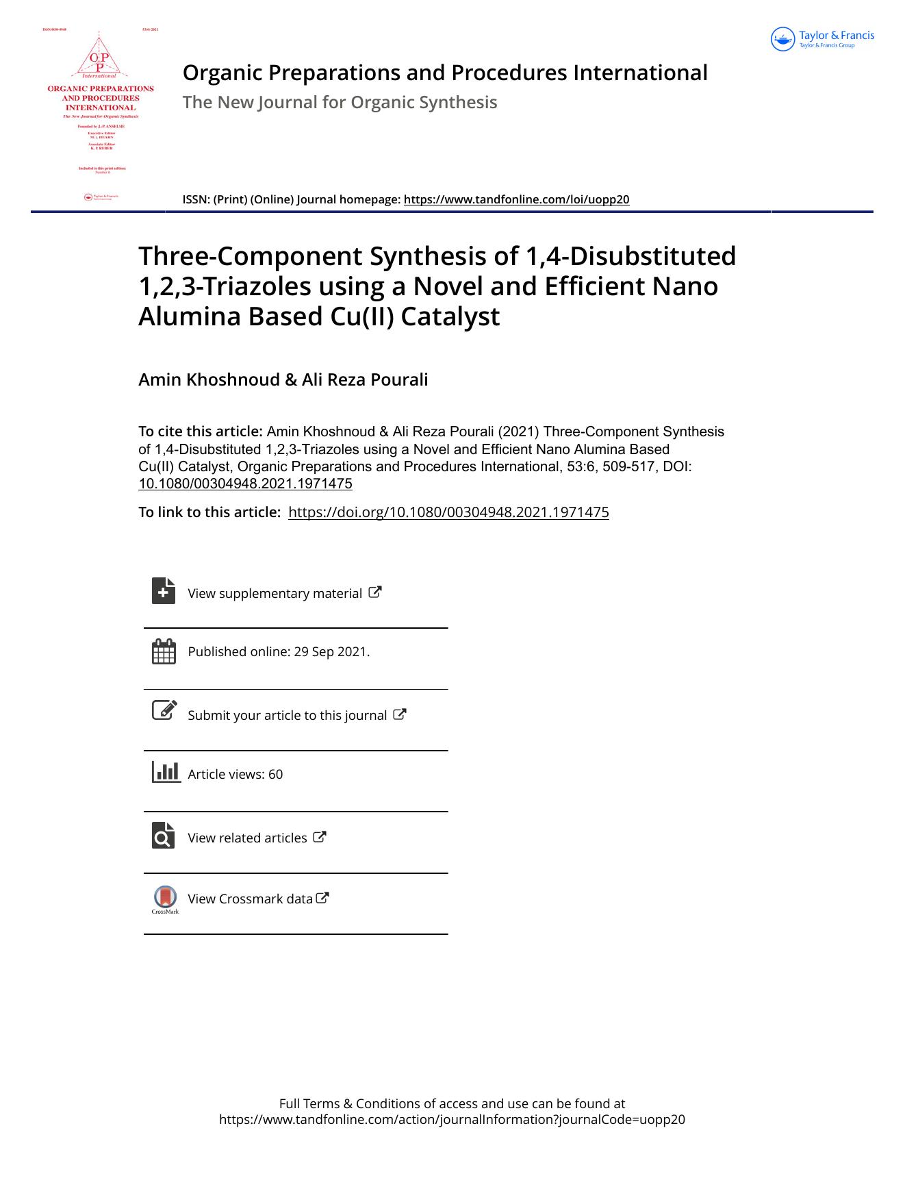 Three-Component Synthesis of 1,4-Disubstituted 1,2,3-Triazoles using a Novel and Efficient Nano Alumina Based Cu(II) Catalyst by Khoshnoud Amin & Pourali Ali Reza