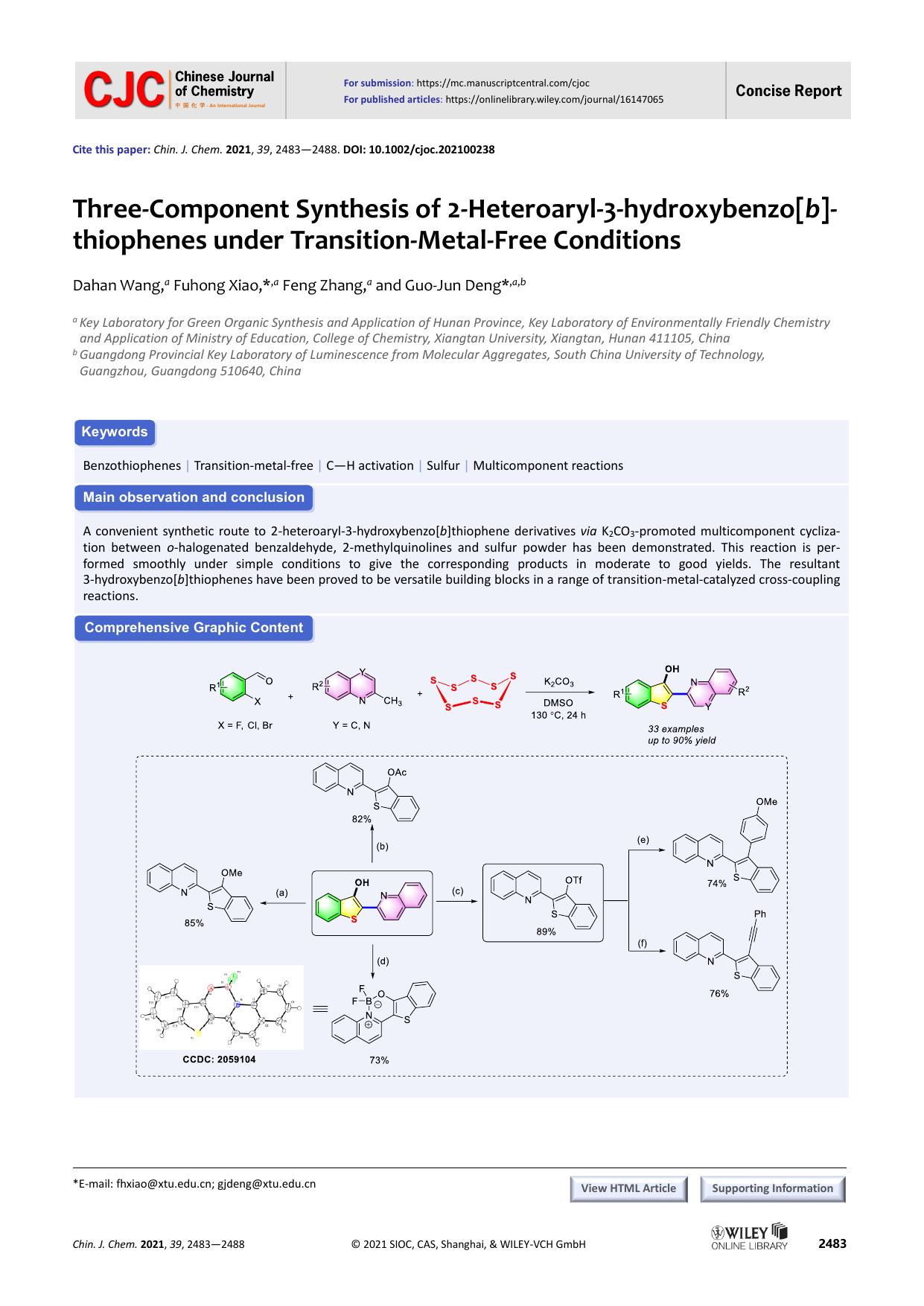 Three-Component Synthesis of 2-Heteroaryl-3-hydroxybenzo[b]thiophenes under Transi-tion-Metal-Free Conditions by 201606280848