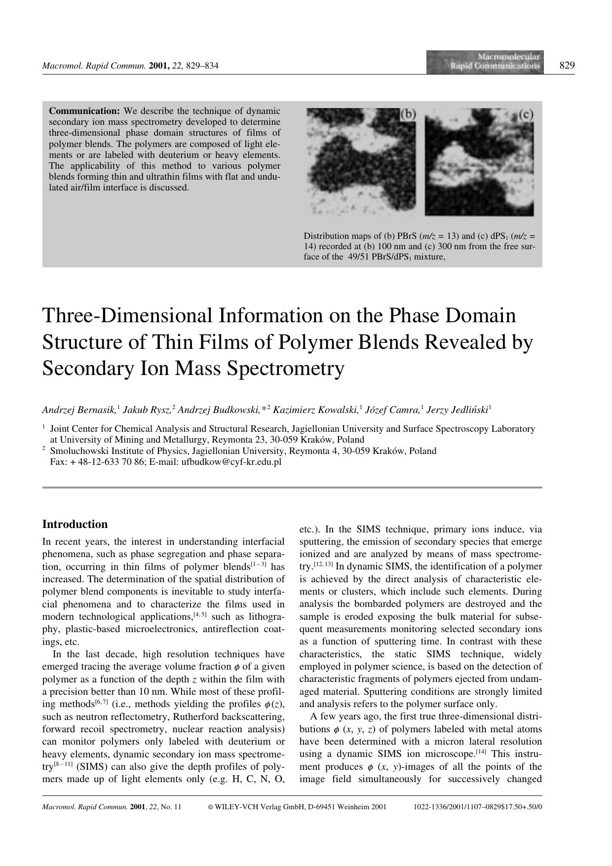 Three-Dimensional Information on the Phase Domain Structure of Thin Films of Polymer Blends Revealed by Secondary Ion Mass Spectrometry by Unknown