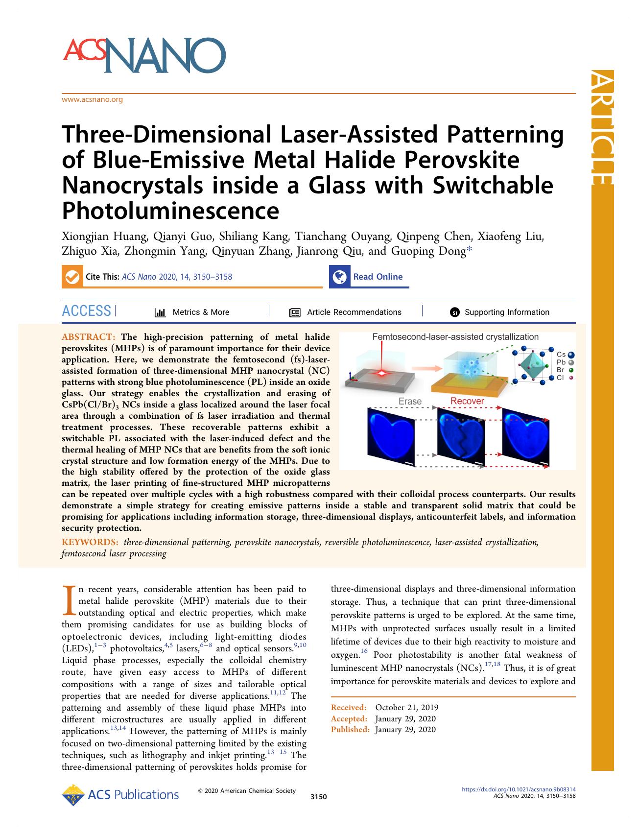 Three-Dimensional Laser-Assisted Patterning of Blue-Emissive Metal Halide Perovskite Nanocrystals inside a Glass with Switchable Photoluminescence by unknow