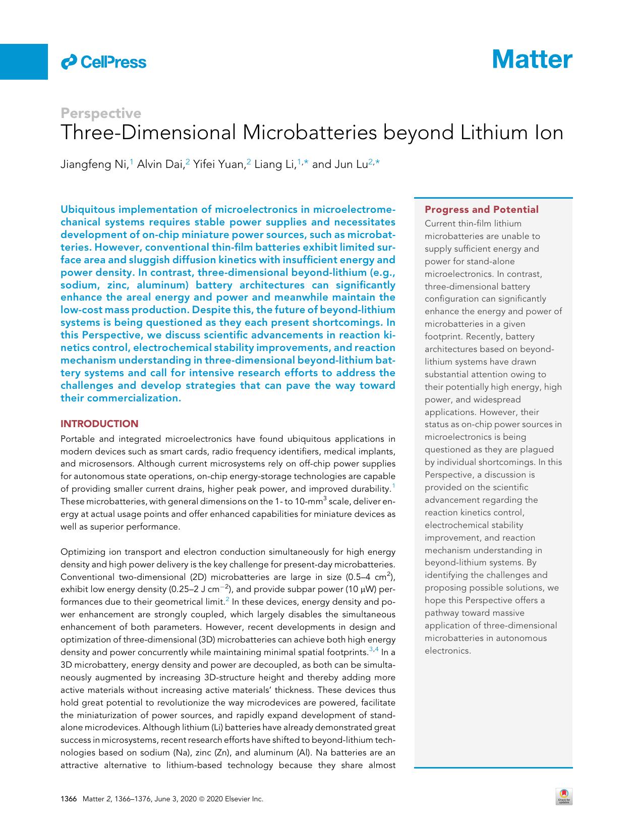 Three-Dimensional Microbatteries beyond Lithium Ion by Jiangfeng Ni & Alvin Dai & Yifei Yuan & Liang Li & Jun Lu