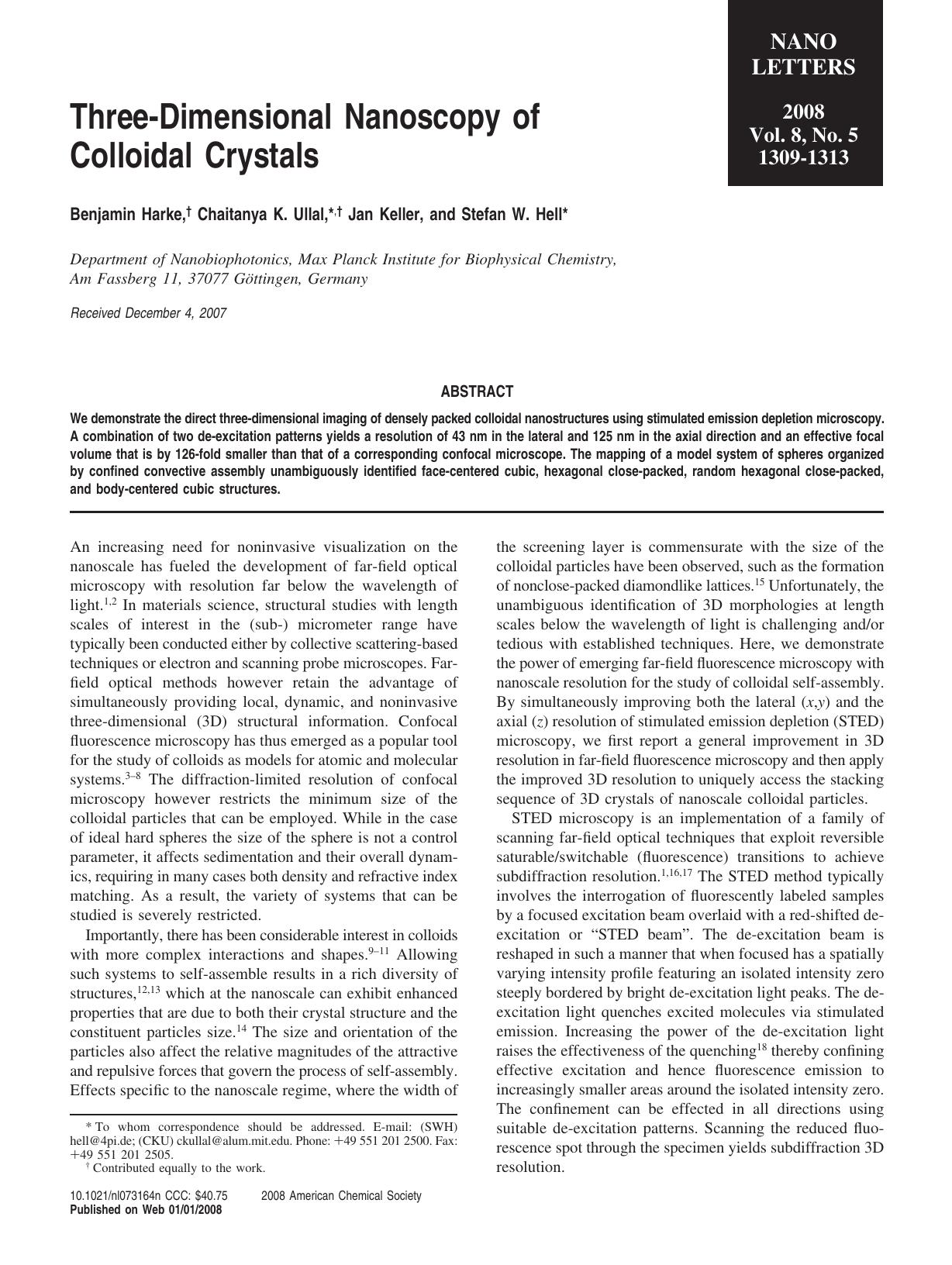 Three-Dimensional Nanoscopy of Colloidal Crystals by Unknown