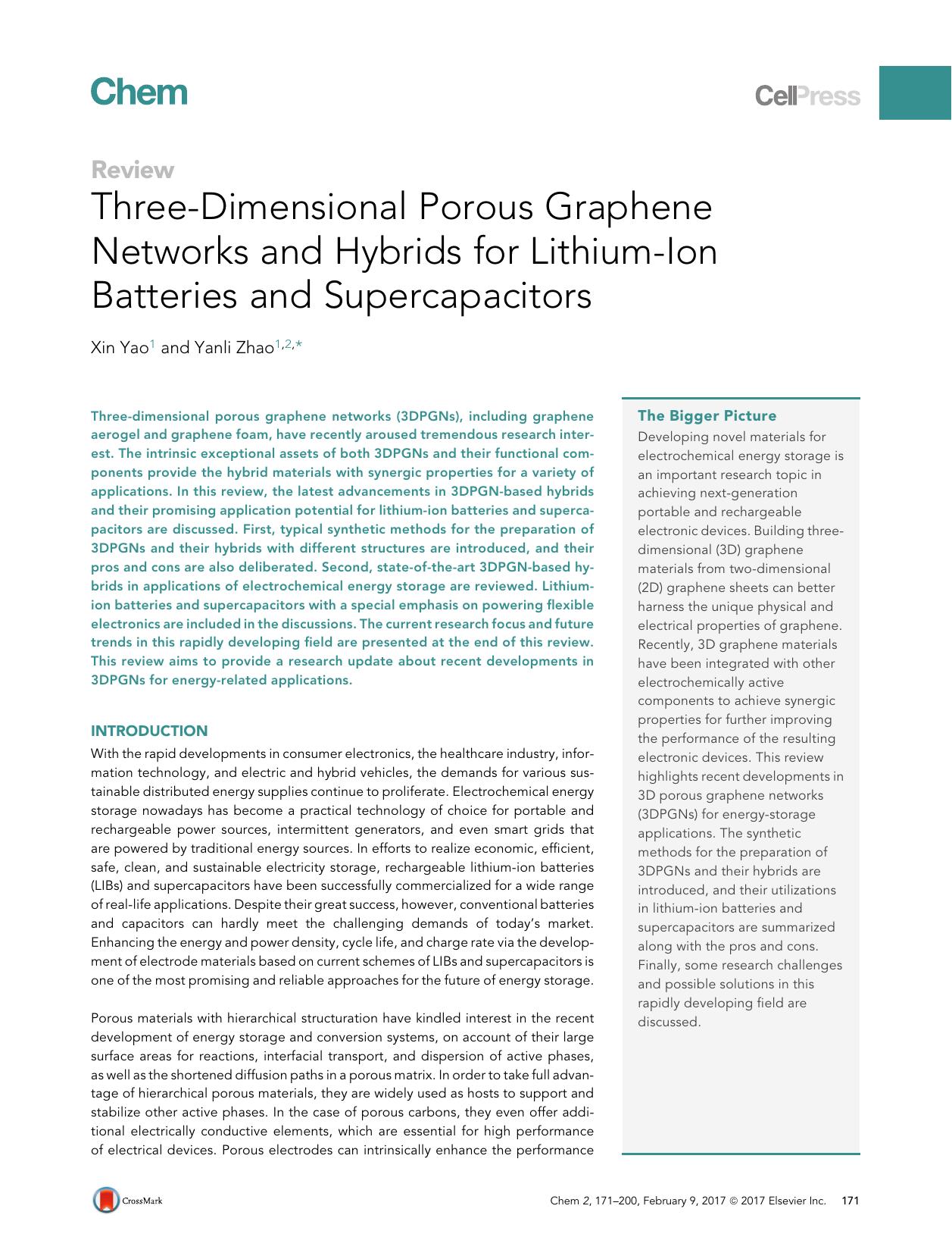 Three-Dimensional Porous Graphene Networks and Hybrids for Lithium-Ion Batteries and Supercapacitors by Xin Yao & Yanli Zhao