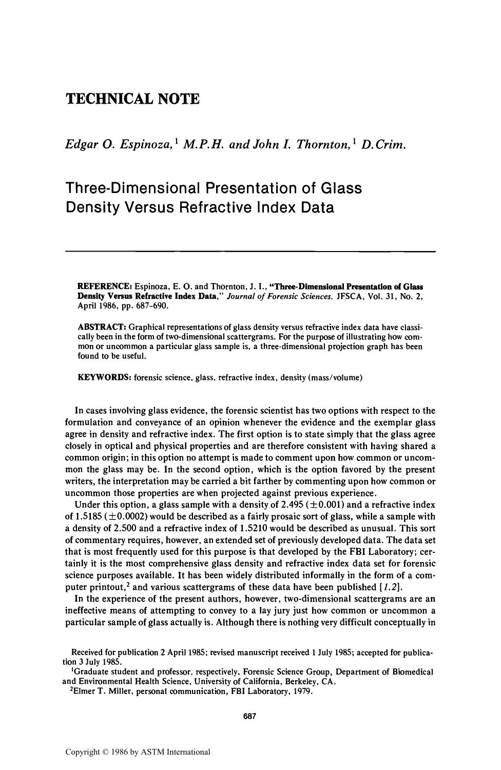 Three-Dimensional Presentation of Glass Density Versus Refractive Index Data by Espinoza EO Thornton JI