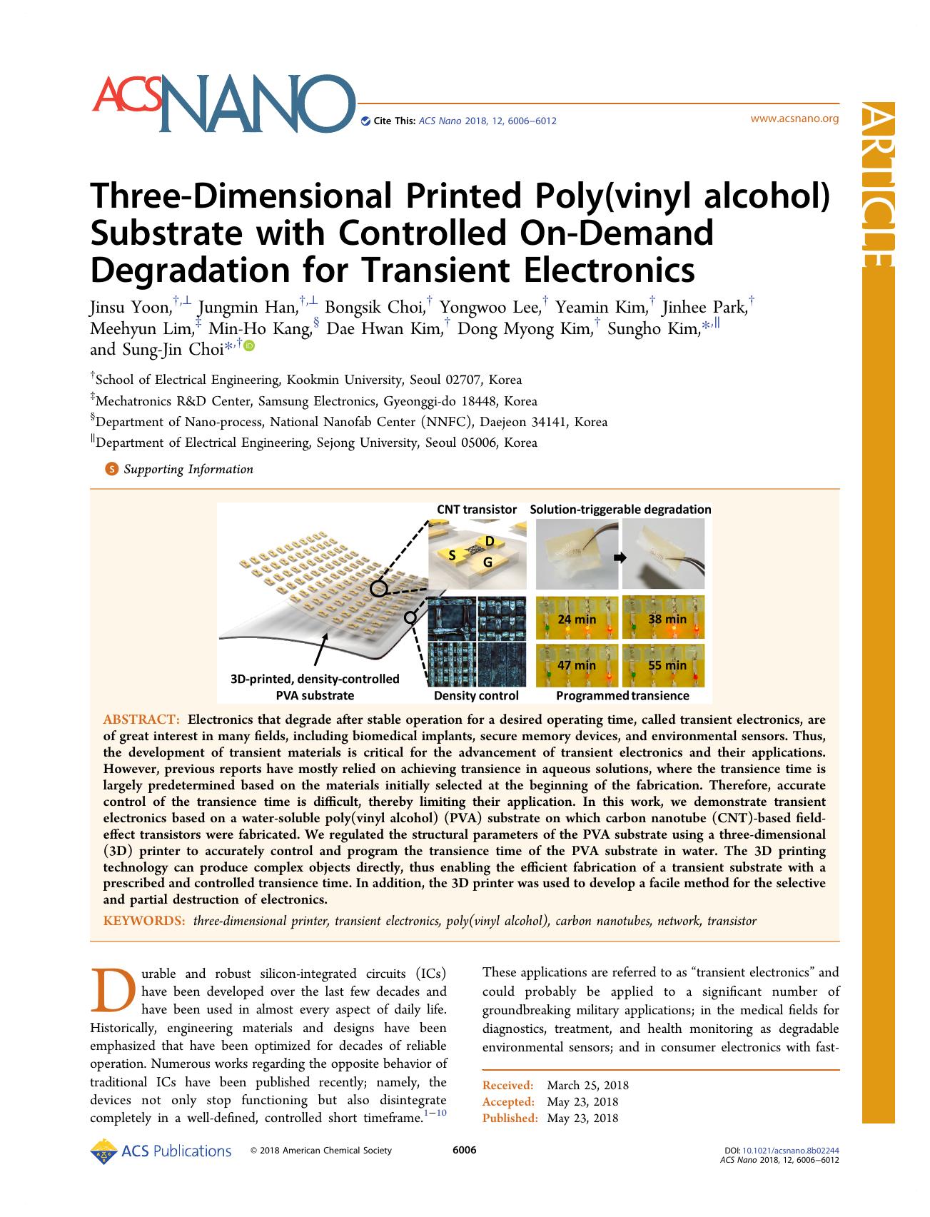 Three-Dimensional Printed Poly(vinyl alcohol) Substrate with Controlled On-Demand Degradation for Transient Electronics by unknow