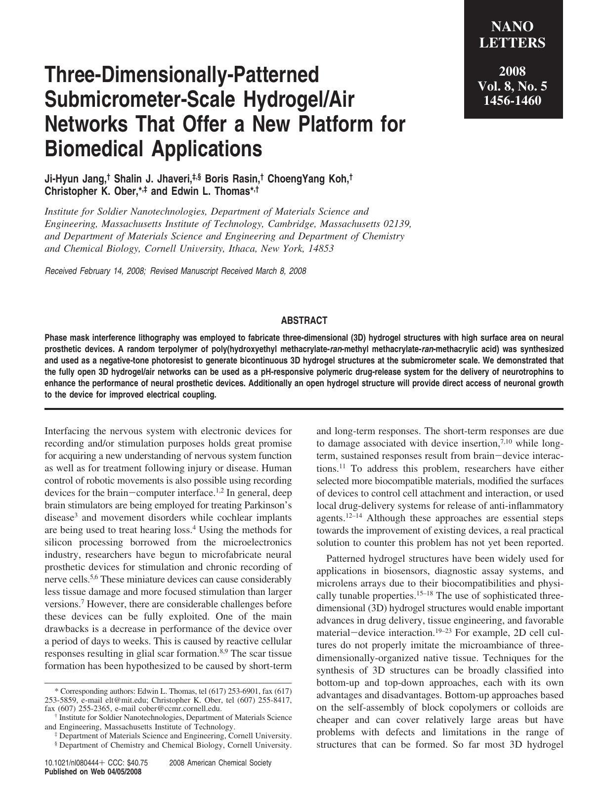 Three-Dimensionally-Patterned Submicrometer-Scale Hydrogel Air Networks That Offer a New Platform for Biomedical Applications by Unknown