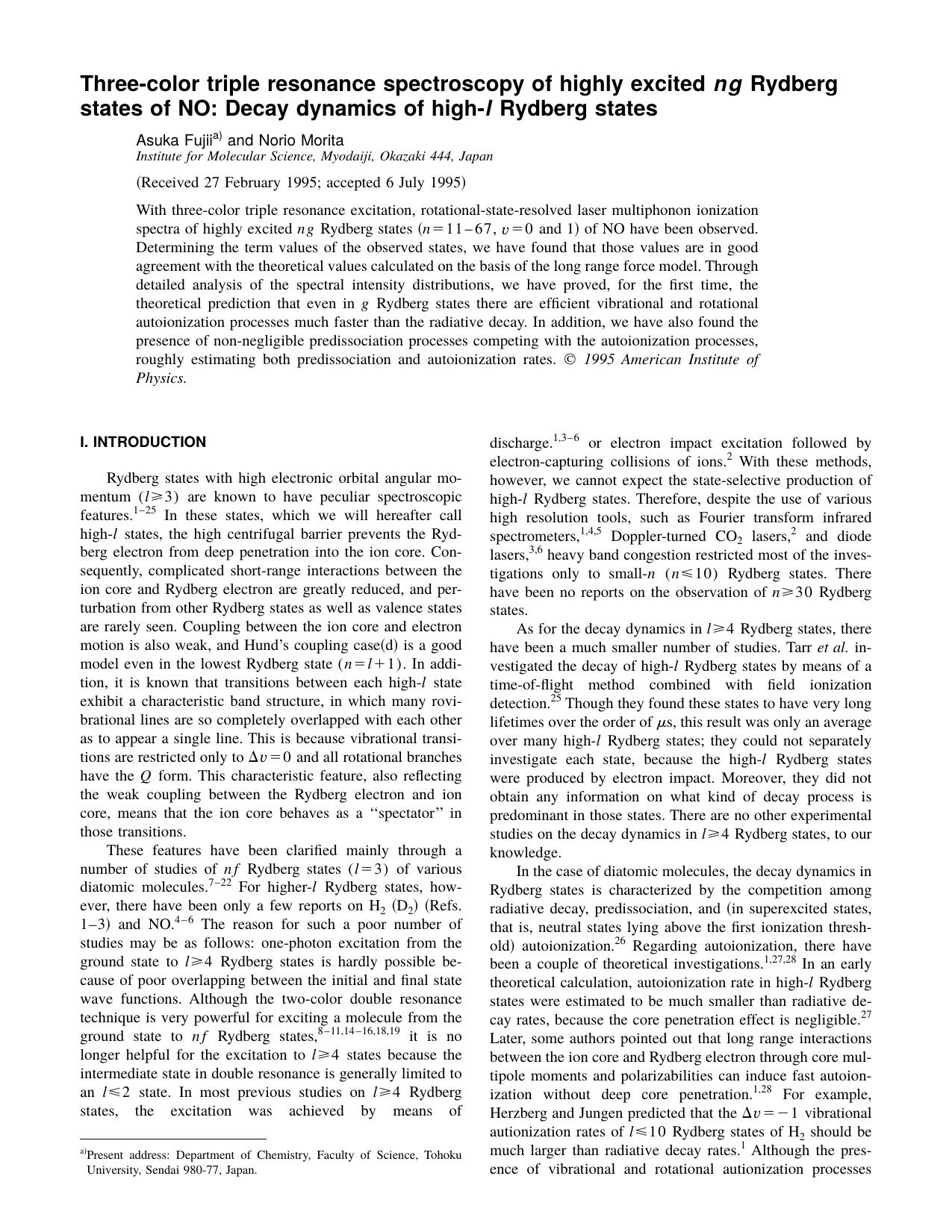Three-color triple resonance spectroscopy of highly excited ngRydberg states of NO: Decay dynamics of high- l Rydberg states by Asuka Fujii and Norio Morita