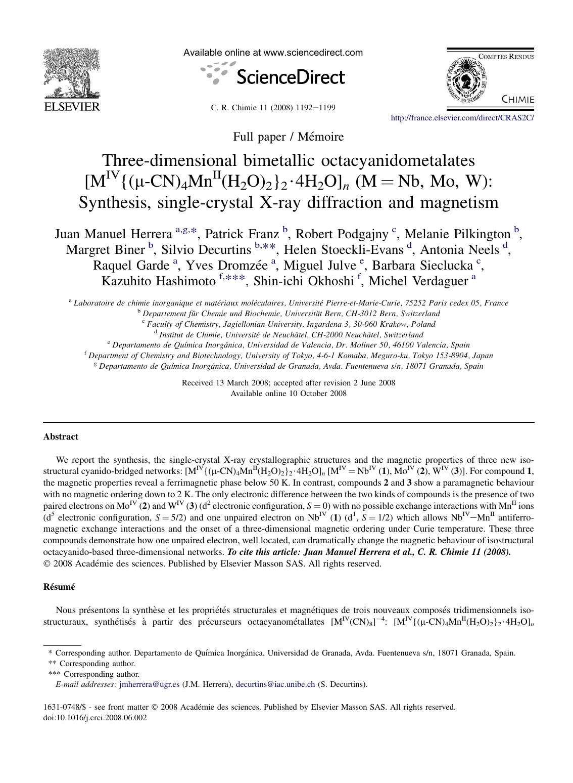 Three-dimensional bimetallic octacyanidometalates [MIV{(Î¼-CN)4MnII(H2O)2}2Â·4H2O]n (M=Nb, Mo, W): Synthesis, single-crystal X-ray diffraction and magnetism by unknow