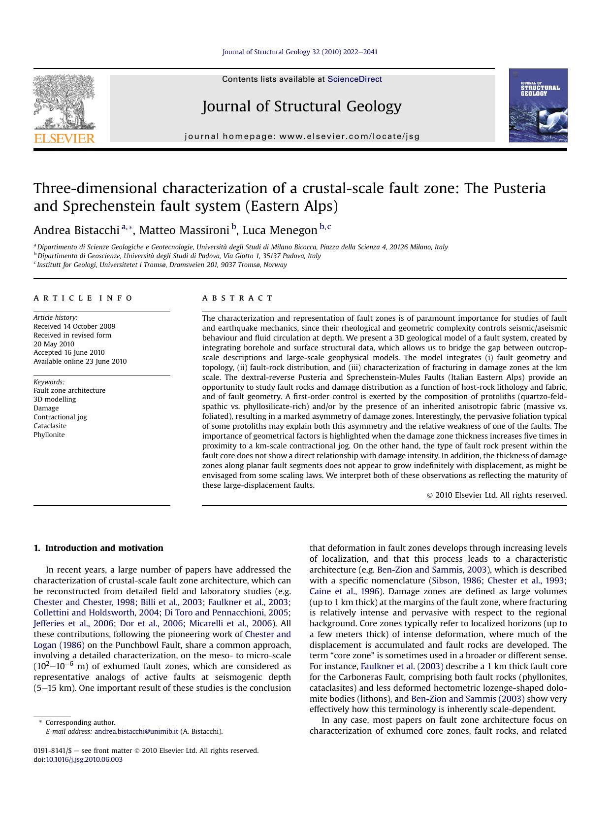 Three-dimensional characterization of a crustal-scale fault zone: The Pusteria and Sprechenstein fault system (Eastern Alps) by Andrea Bistacchi & Matteo Massironi & Luca Menegon