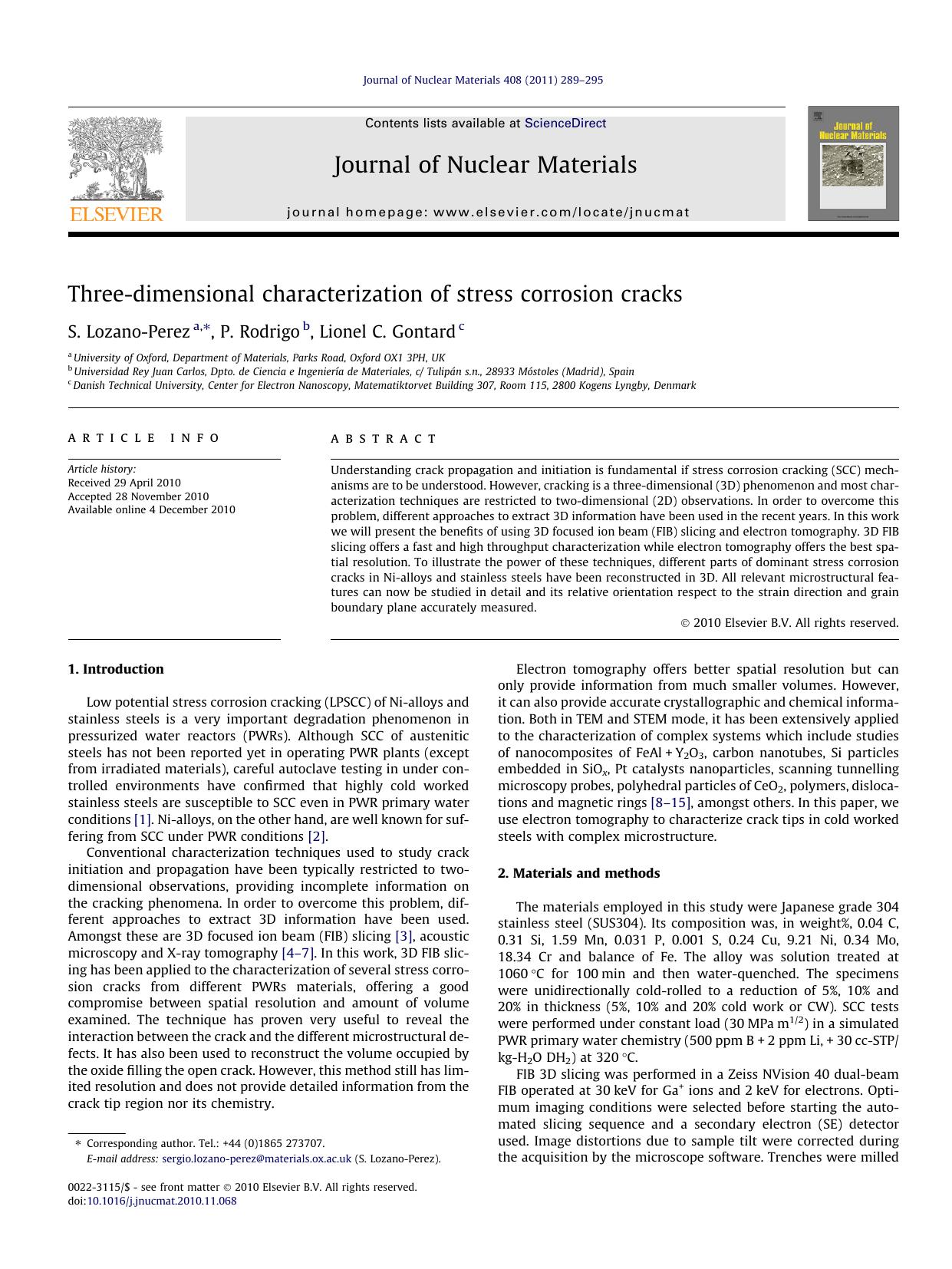 Three-dimensional characterization of stress corrosion cracks by S. Lozano-Perez & P. Rodrigo & Lionel C. Gontard