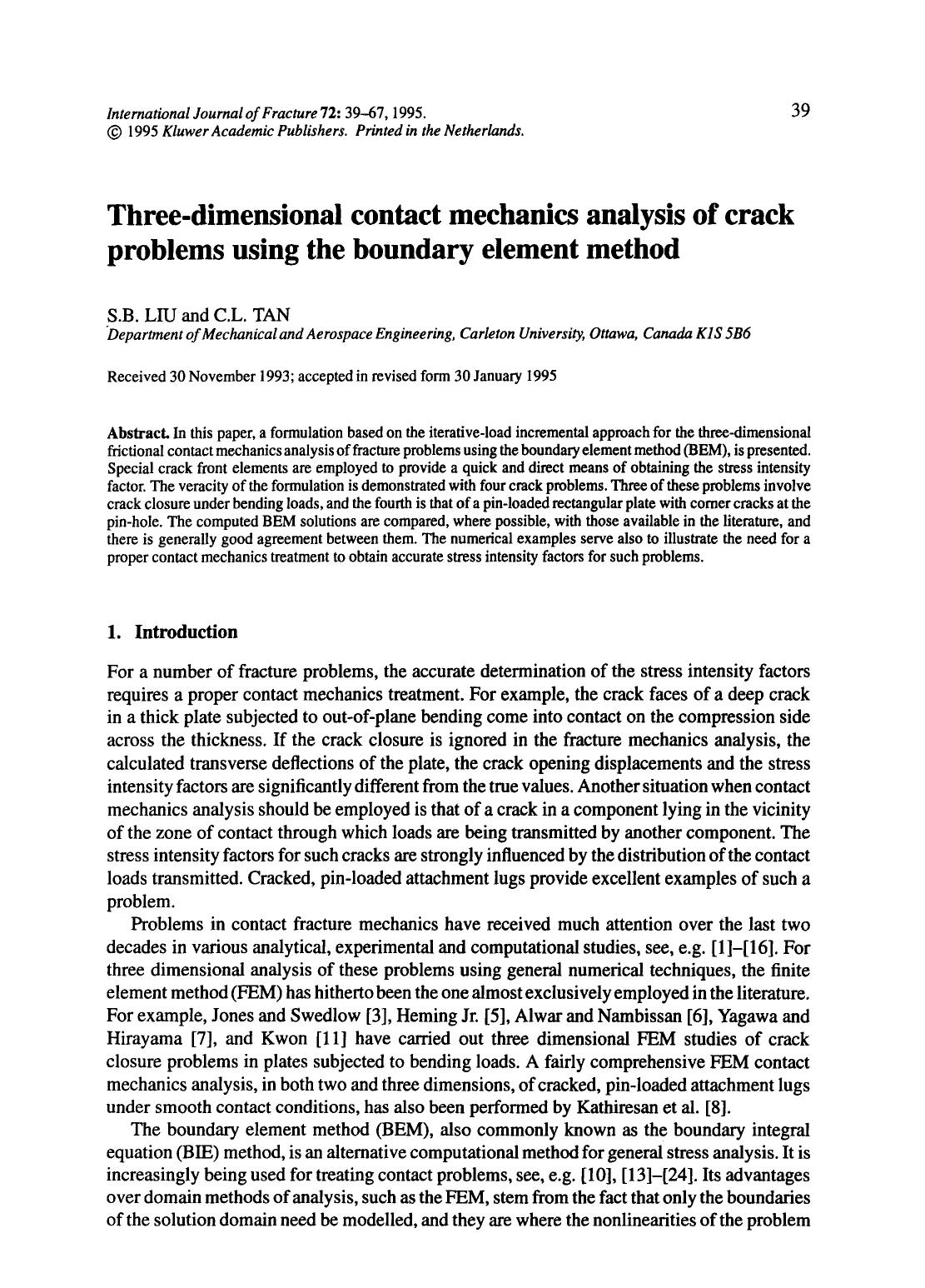 Three-dimensional contact mechanics analysis of crack problems using the boundary element method by Unknown