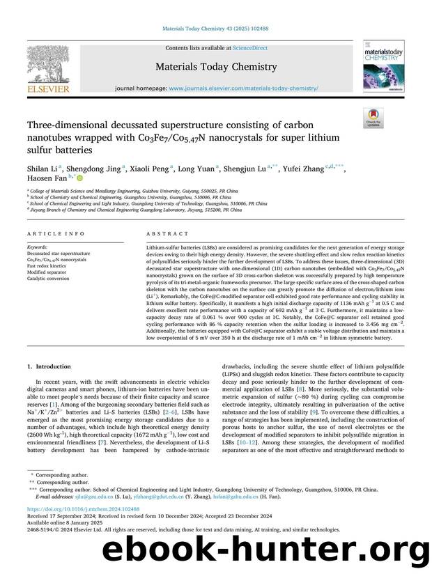 Three-dimensional decussated superstructure consisting of carbon nanotubes wrapped with Co3Fe7Co5.47N nanocrystals for super lithium sulfur batteries by Shilan Li & Shengdong Jing & Xiaoli Peng & Long Yuan & Shengjun Lu & Yufei Zhang & Haosen Fan