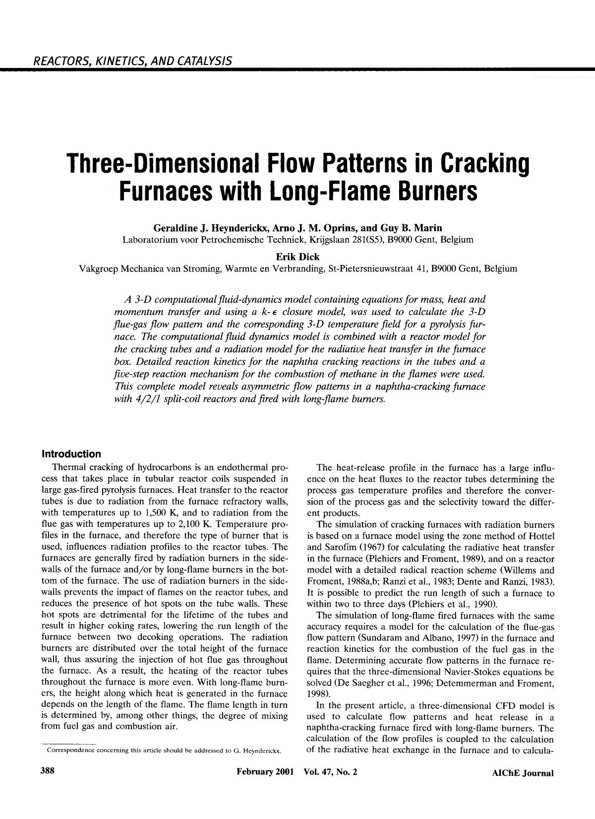 Three-dimensional flow patterns in cracking furnaces with long-flame burners by Unknown
