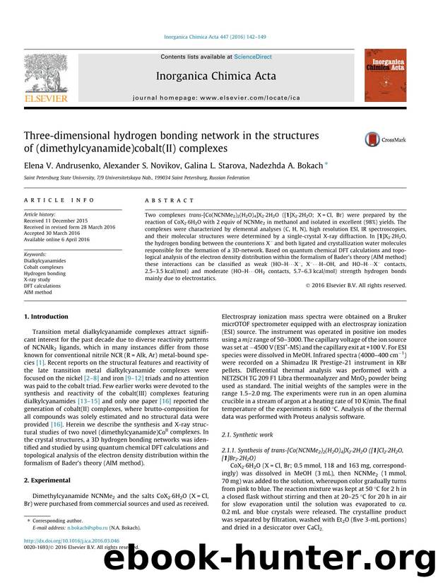 Three-dimensional hydrogen bonding network in the structures of (dimethylcyanamide)cobalt(II) complexes by Elena V. Andrusenko & Alexander S. Novikov & Galina L. Starova & Nadezhda A. Bokach