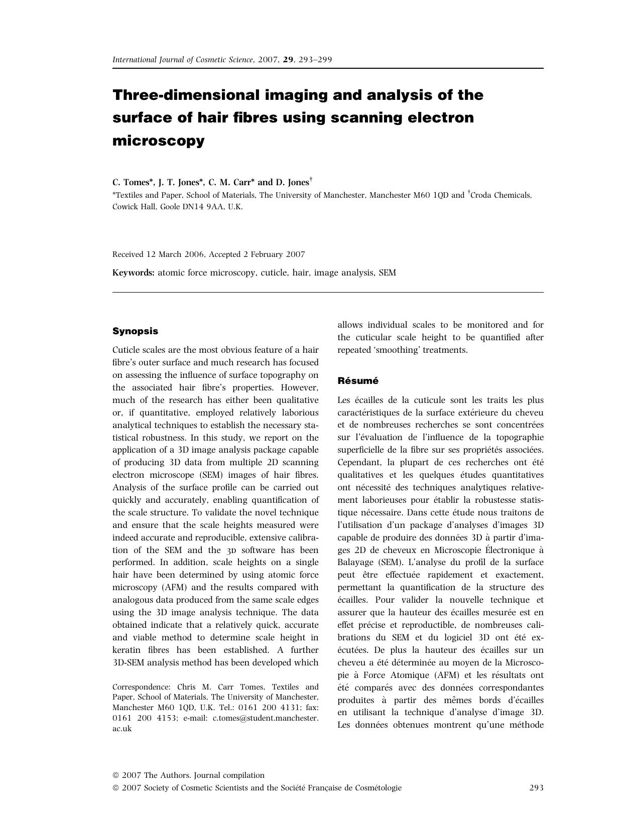 Three-dimensional imaging and analysis of the surface of hair fibres using scanning electron microscopy by Unknown