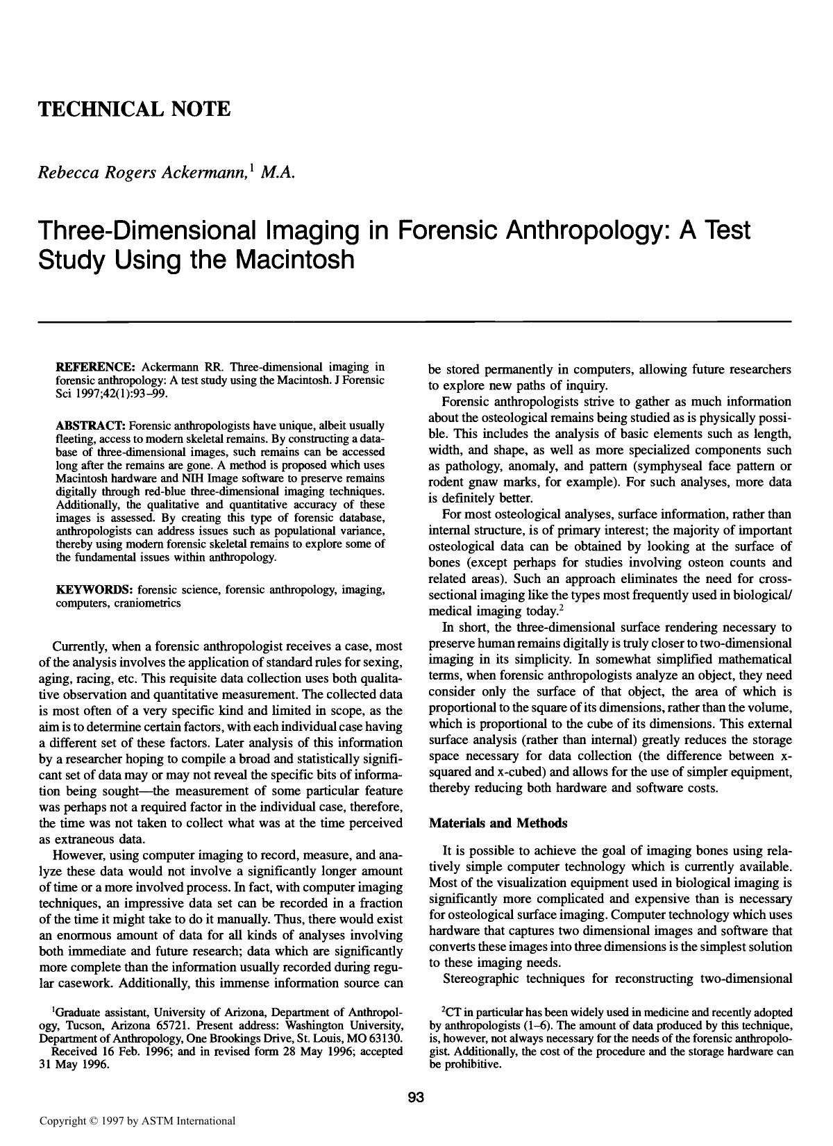 Three-dimensional imaging in forensic anthropology: A test study using the Macintosh by Ackermann RR