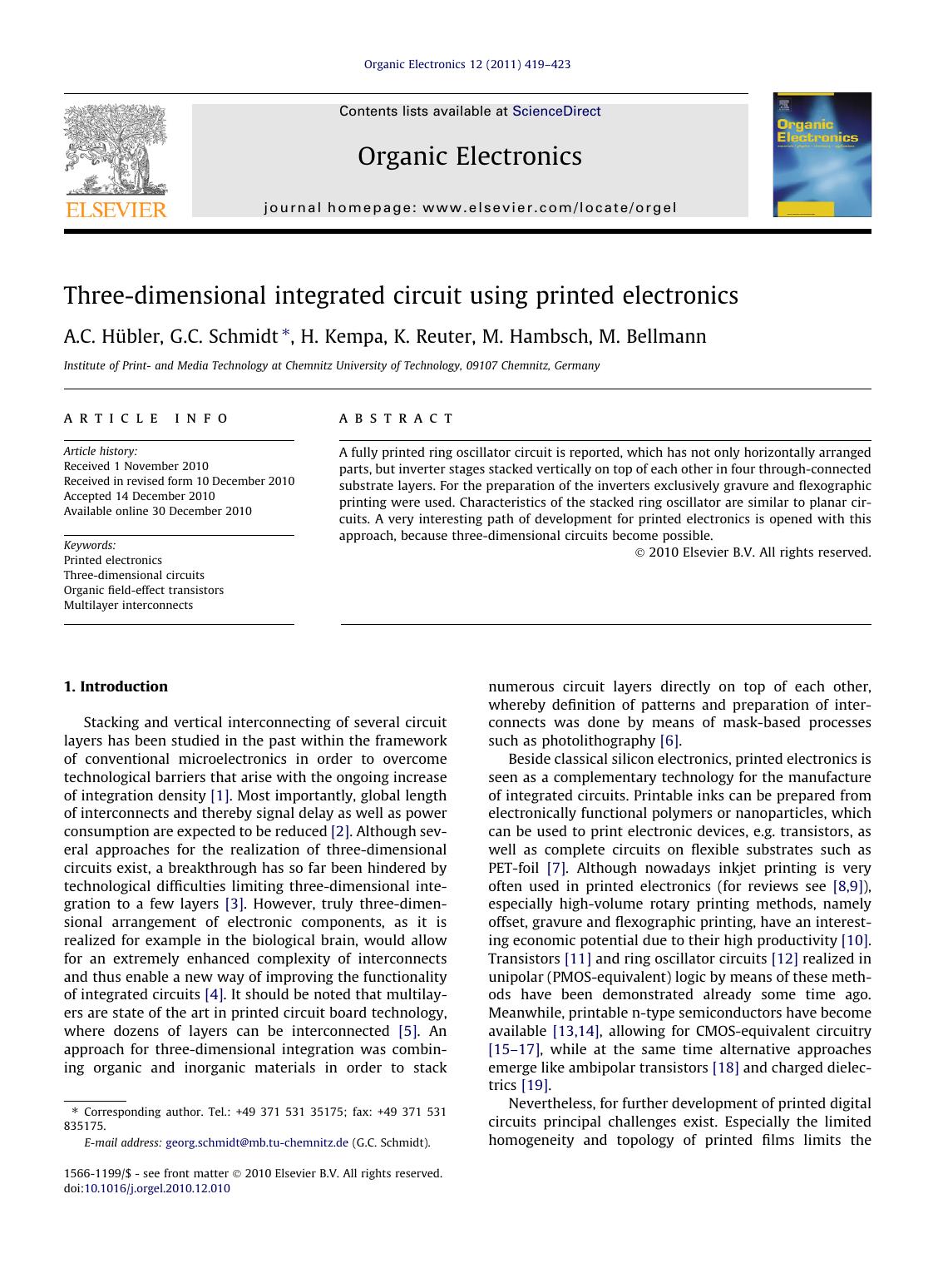Three-dimensional integrated circuit using printed electronics by A.C. HÃ¼bler & G.C. Schmidt & H. Kempa & K. Reuter & M. Hambsch & M. Bellmann
